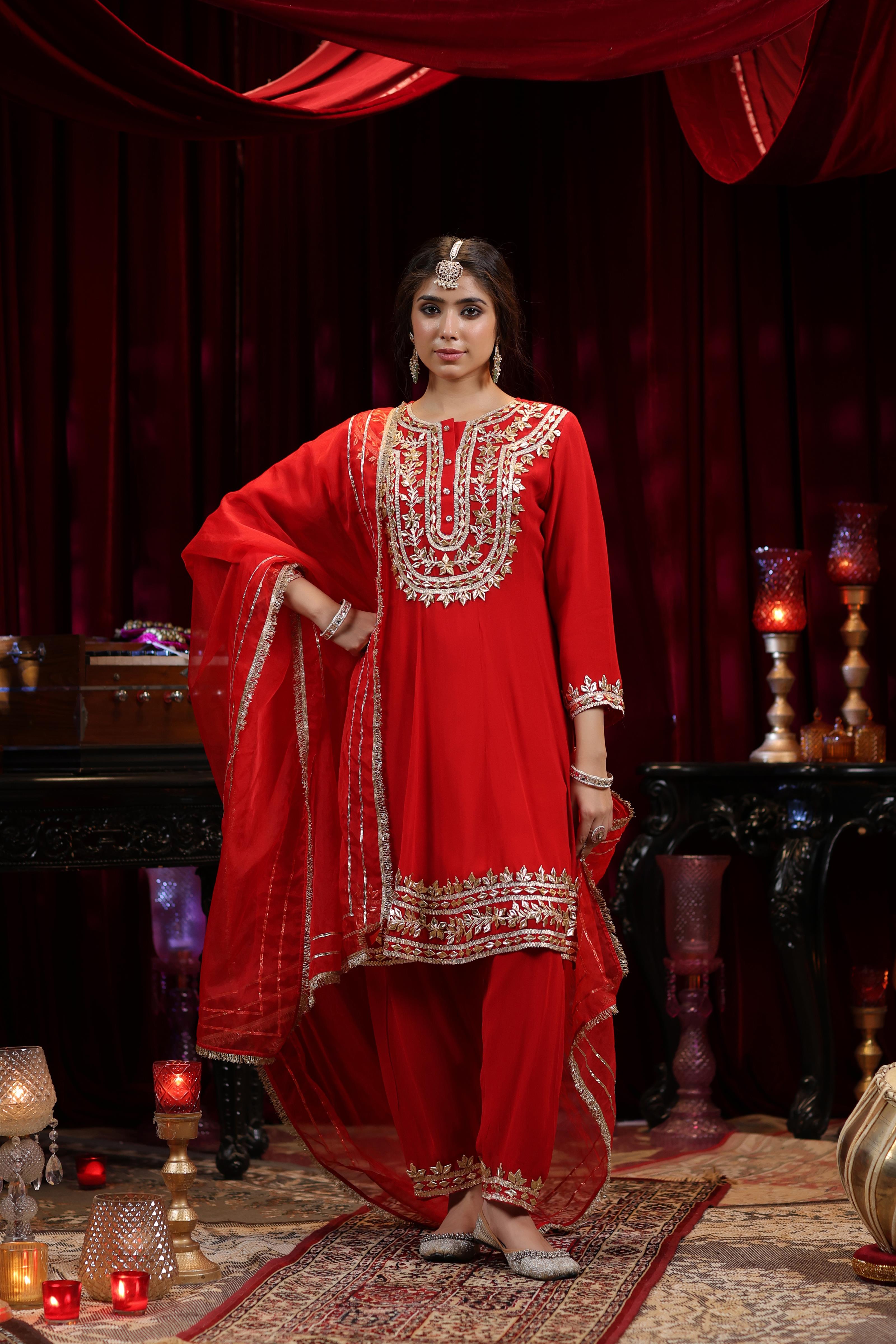 Red Georgette Gota Patti Work Anarkali Set