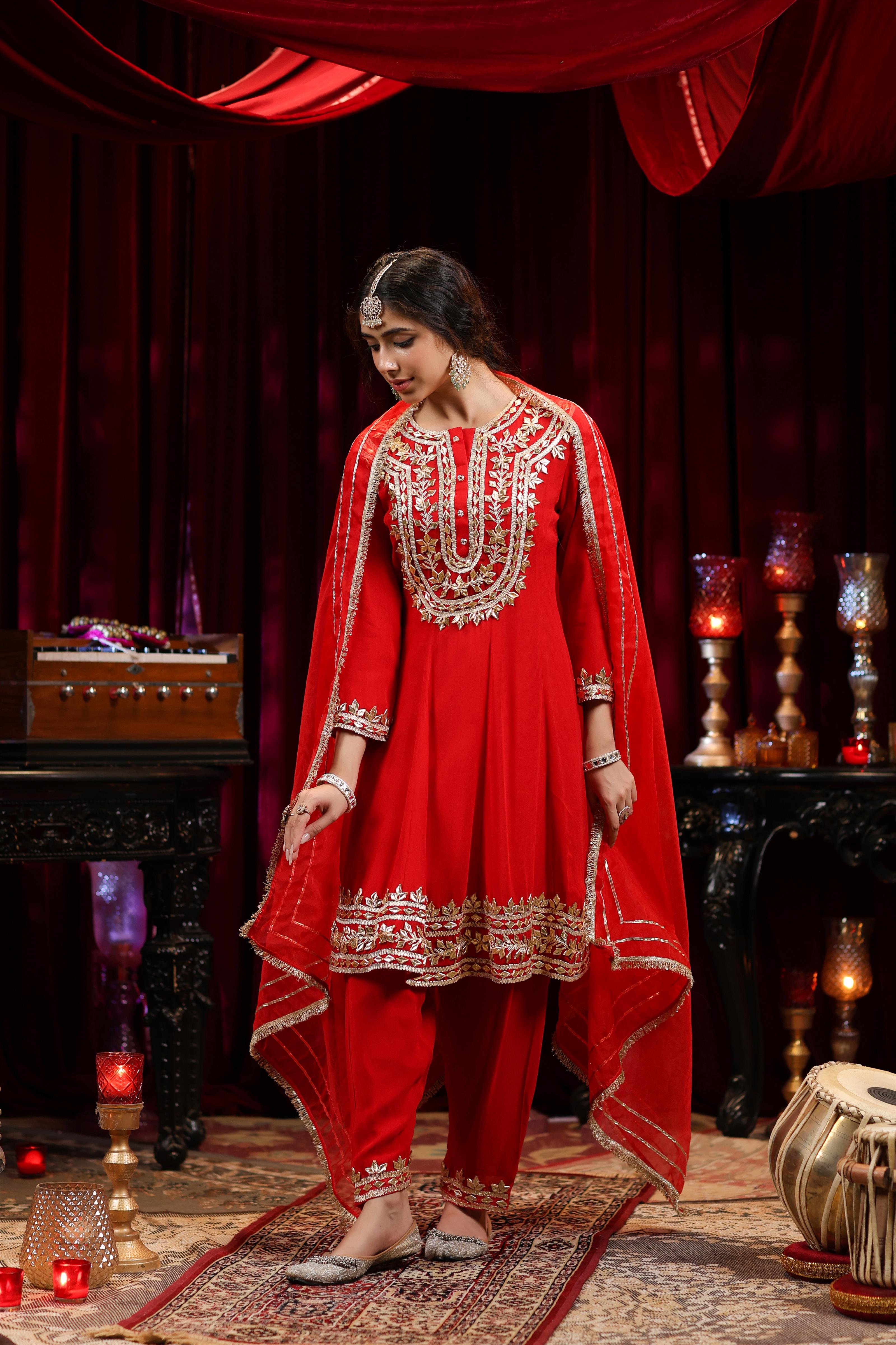 Red Georgette Gota Patti Work Anarkali Set