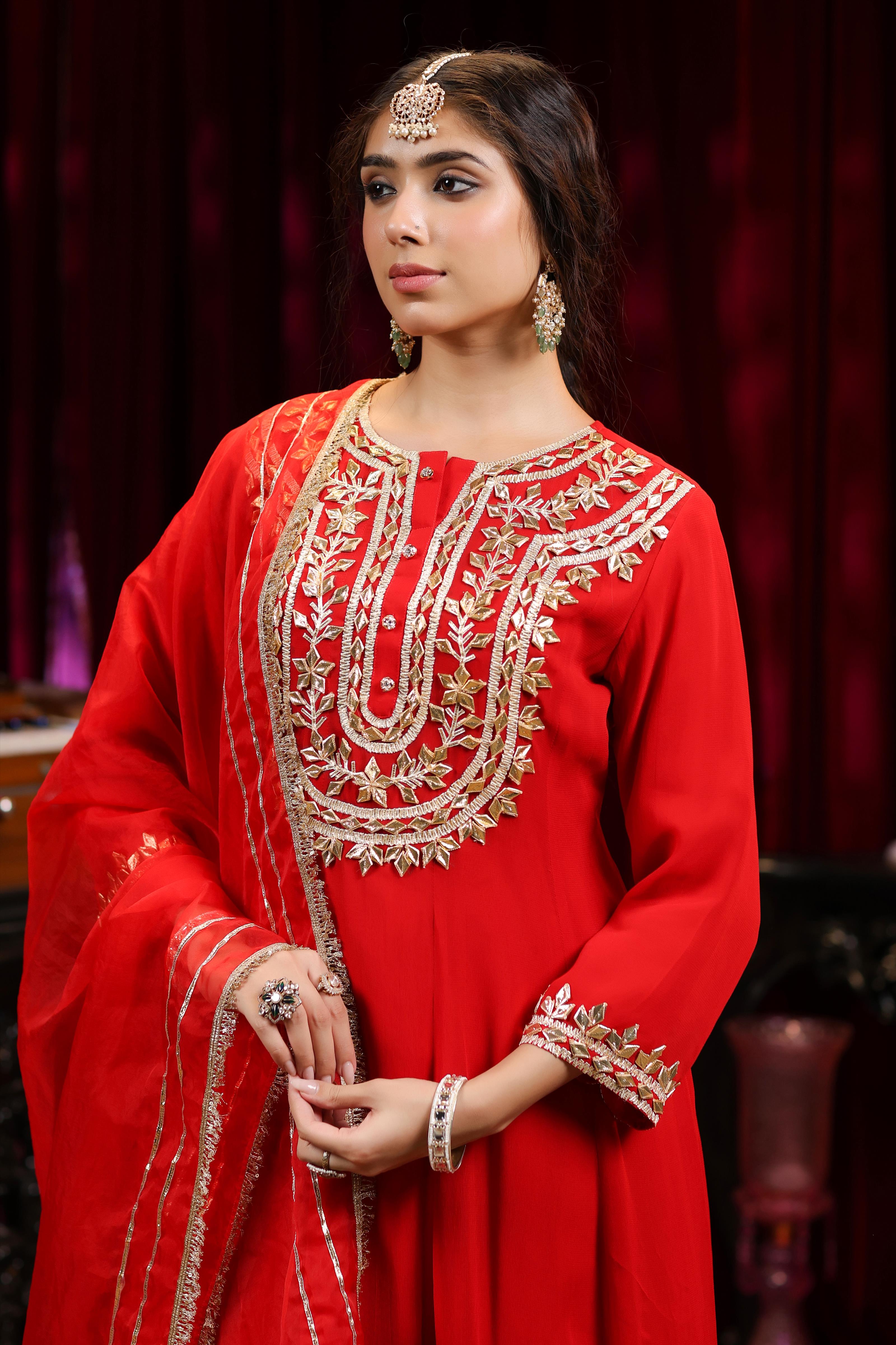 Red Georgette Gota Patti Work Anarkali Set