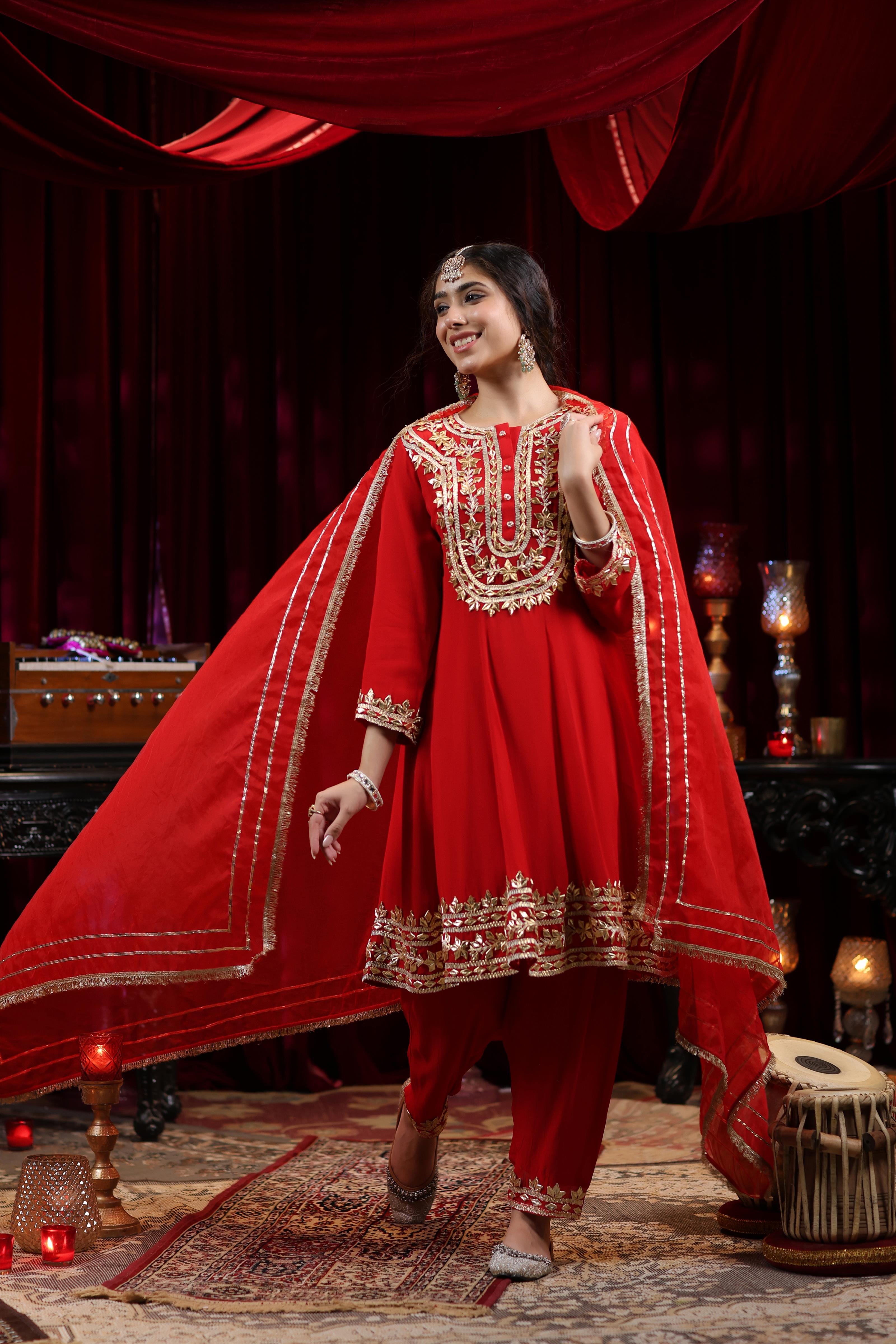 Red Georgette Gota Patti Work Anarkali Set