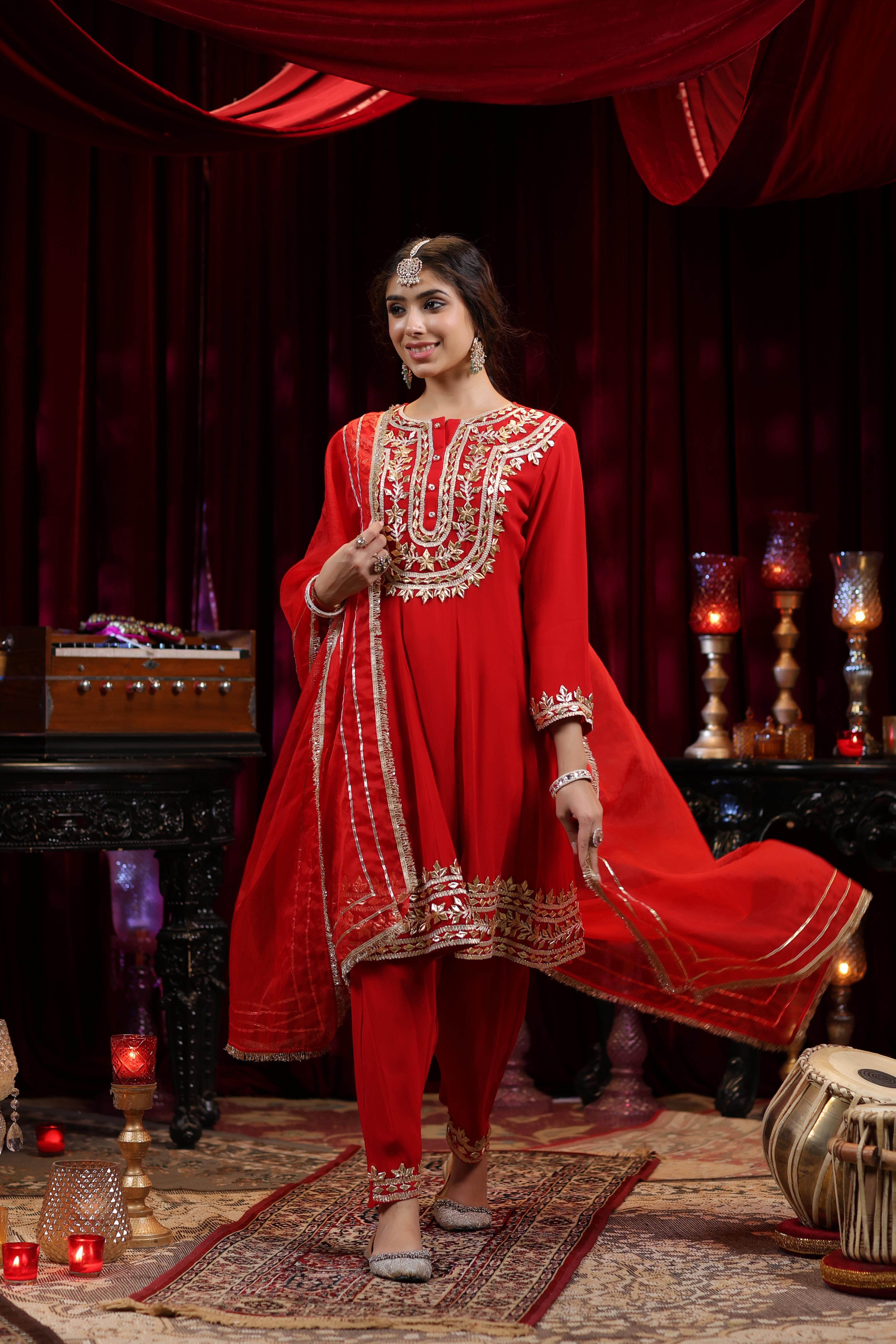 Red Georgette Gota Patti Work Anarkali Set