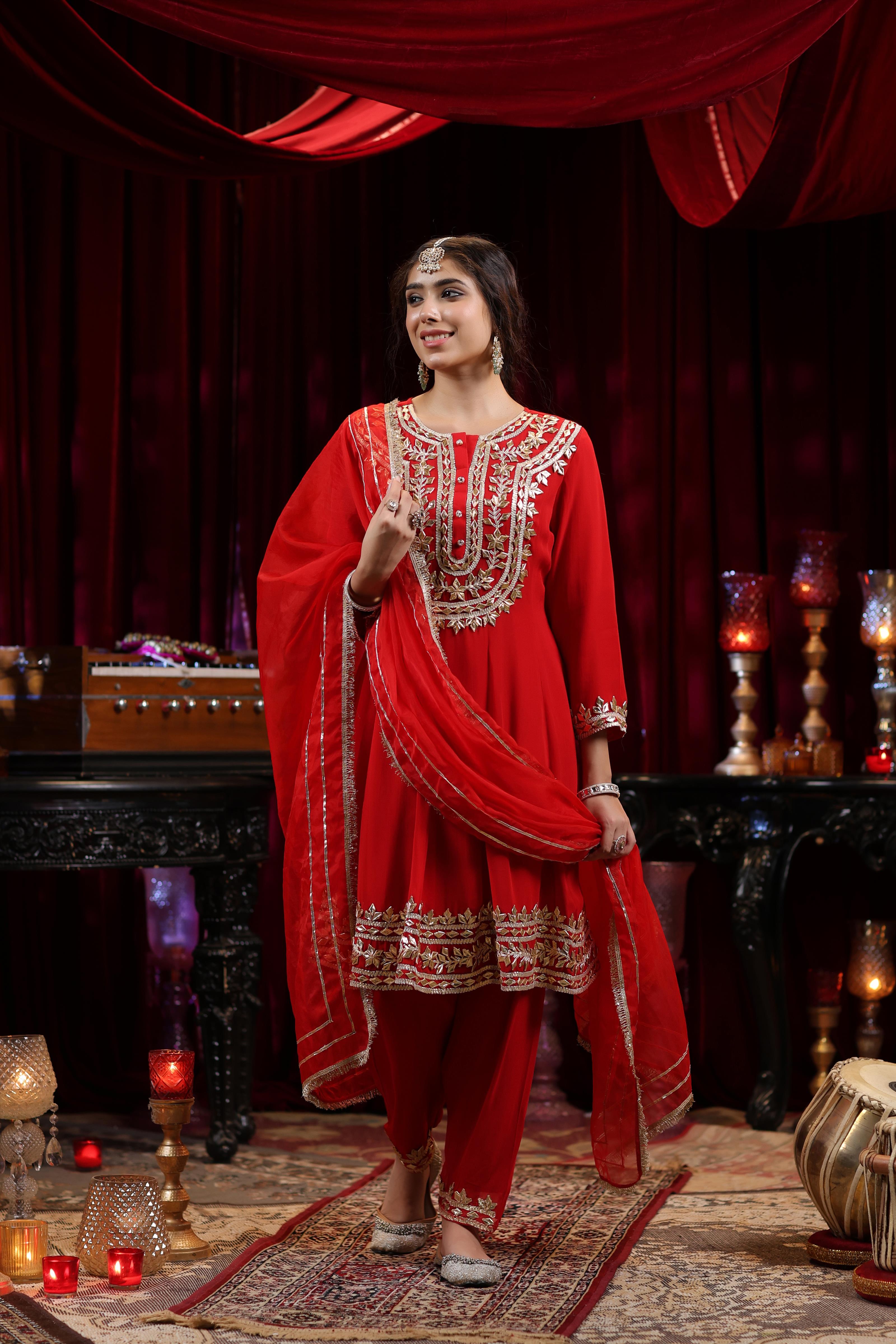 Red Georgette Gota Patti Work Anarkali Set