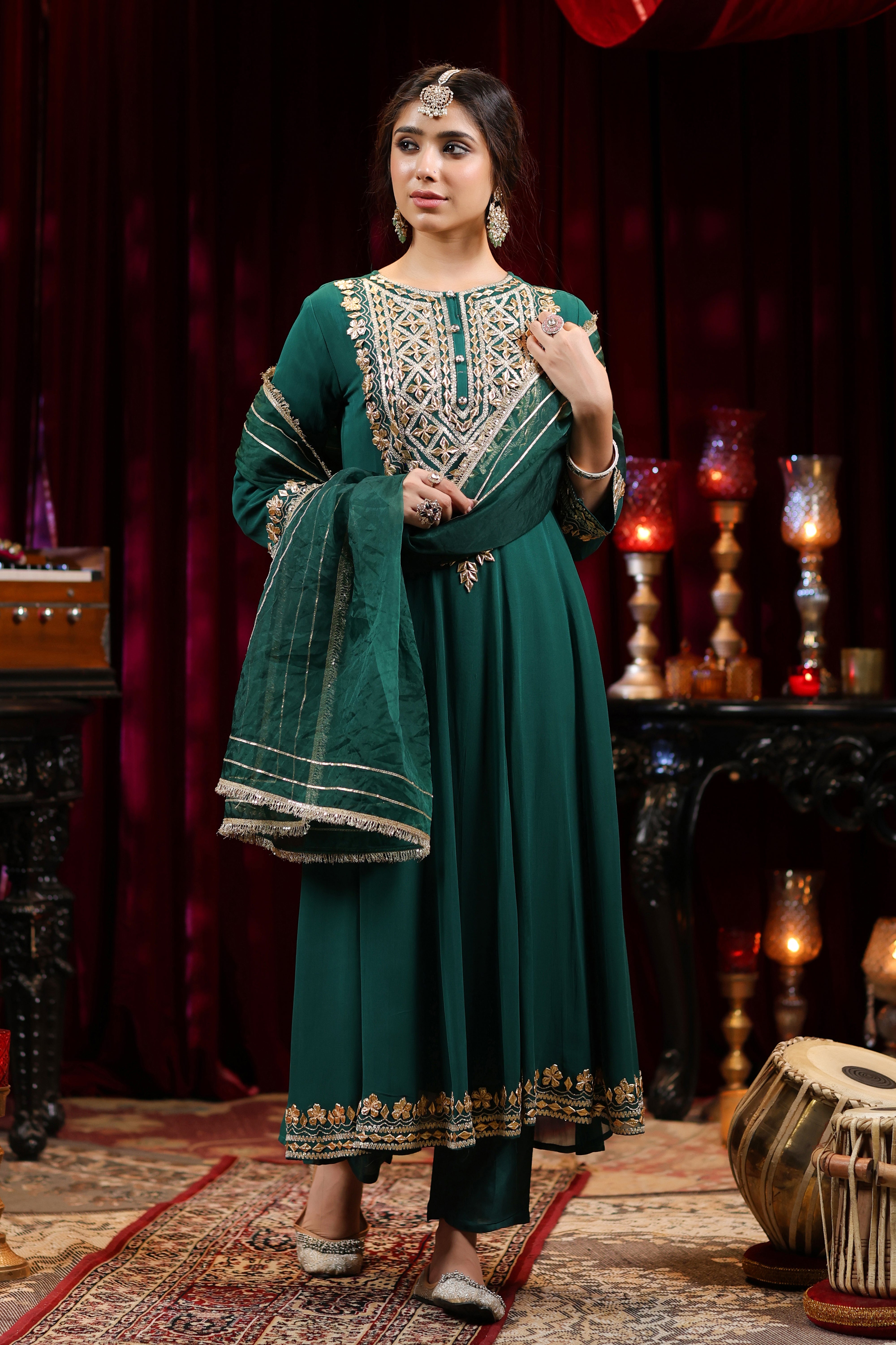 Dark Green Georgette Gota Work Anarkali Set