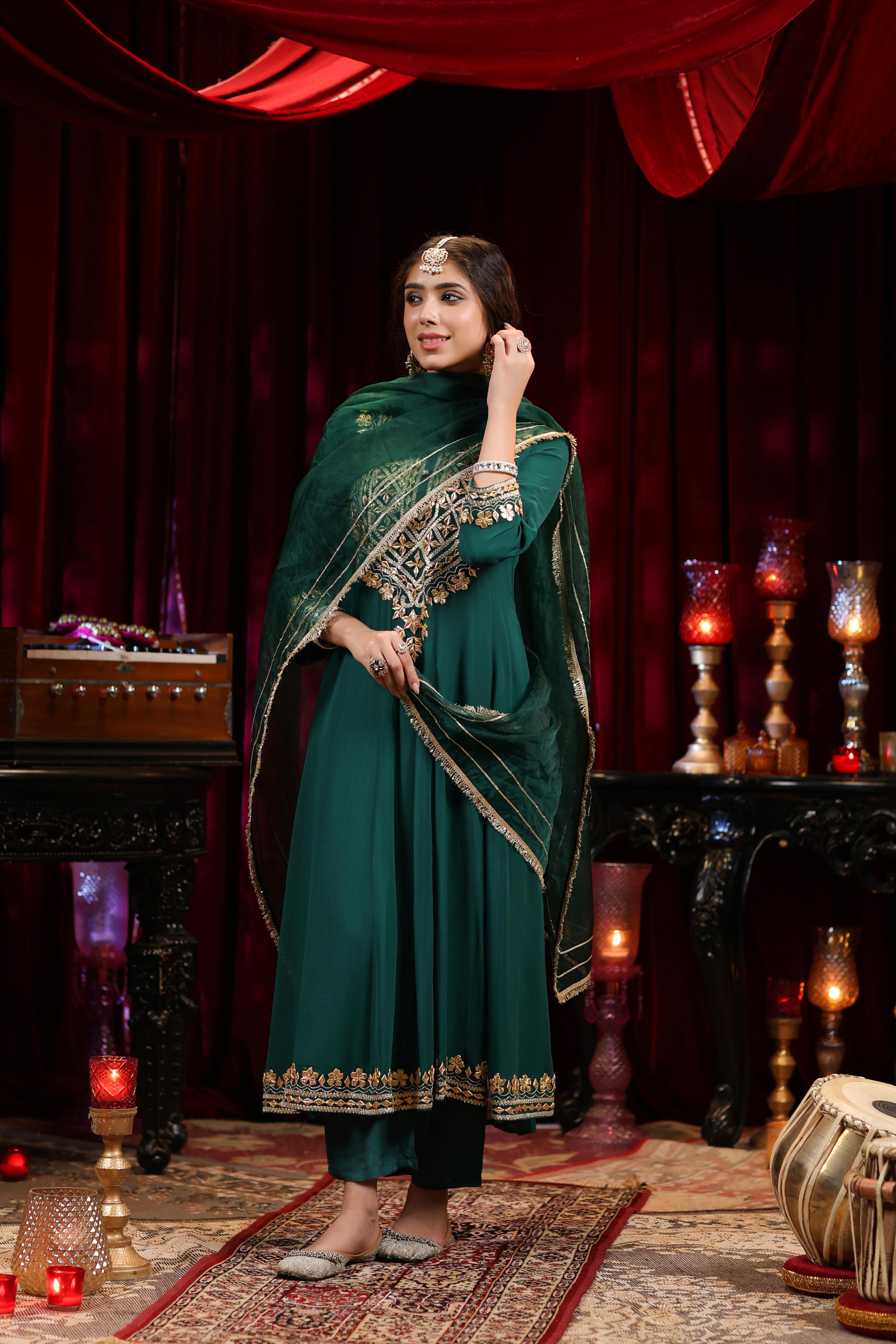 Dark Green Georgette Gota Work Anarkali Set