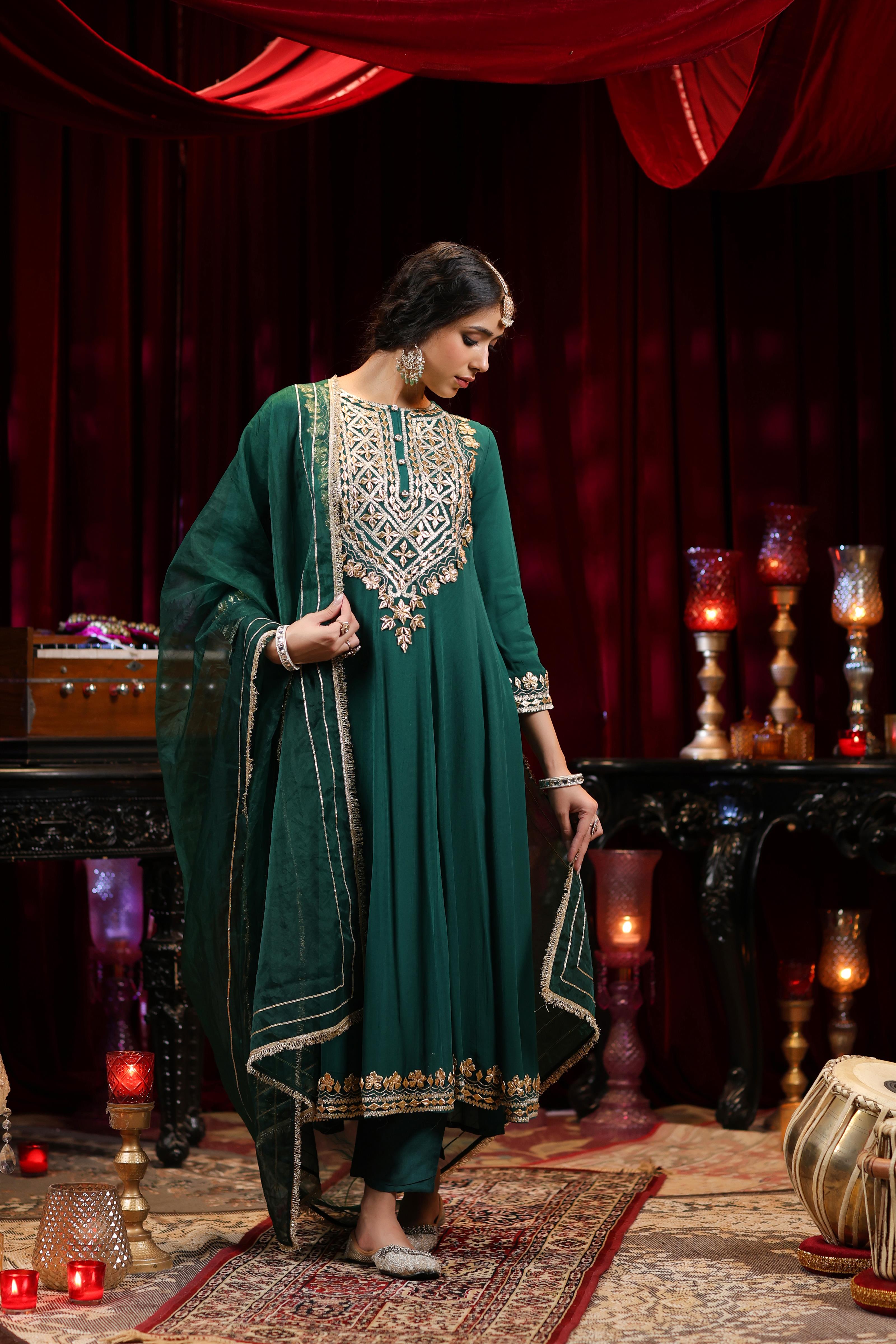 Dark Green Georgette Gota Work Anarkali Set