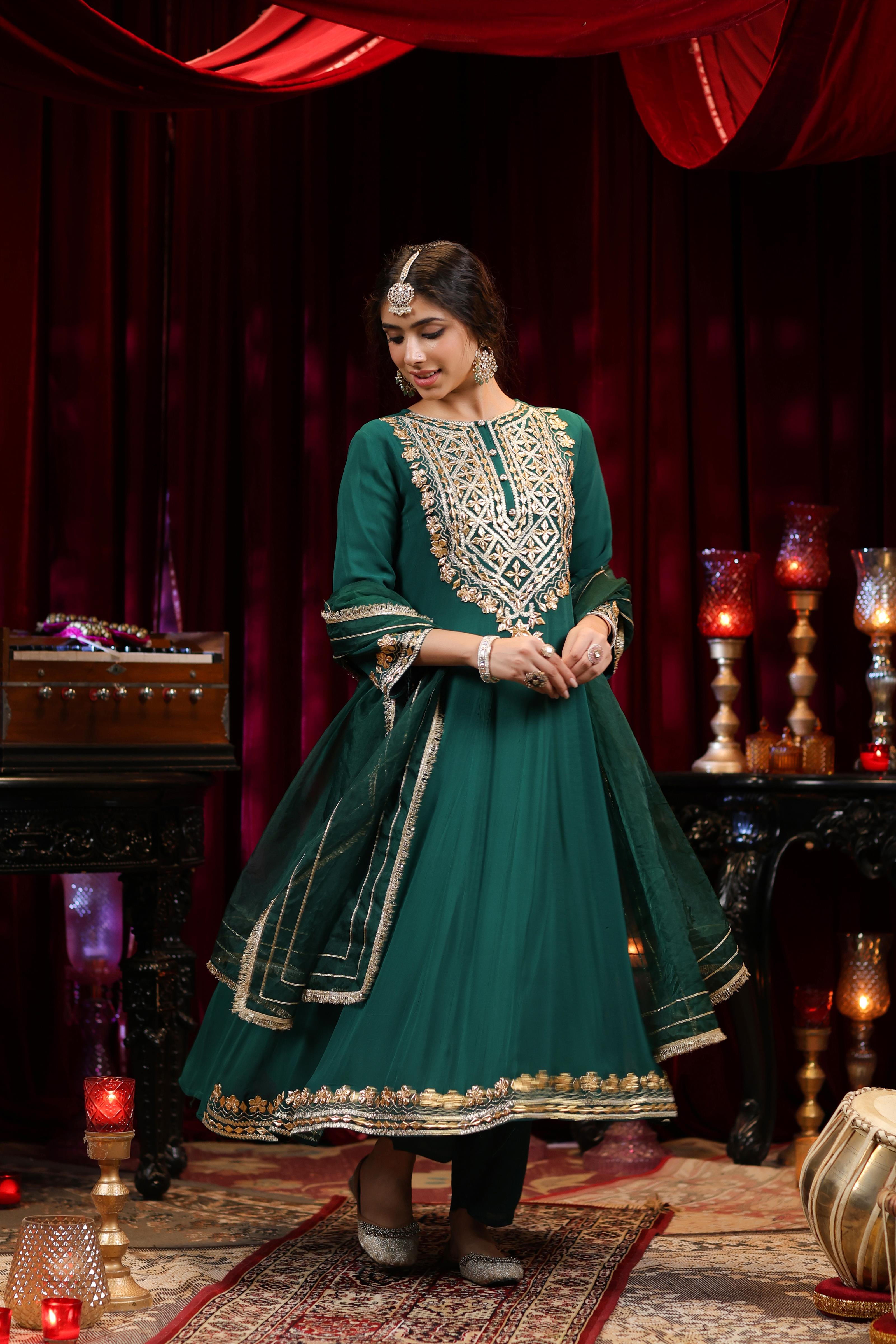 Dark Green Georgette Gota Work Anarkali Set