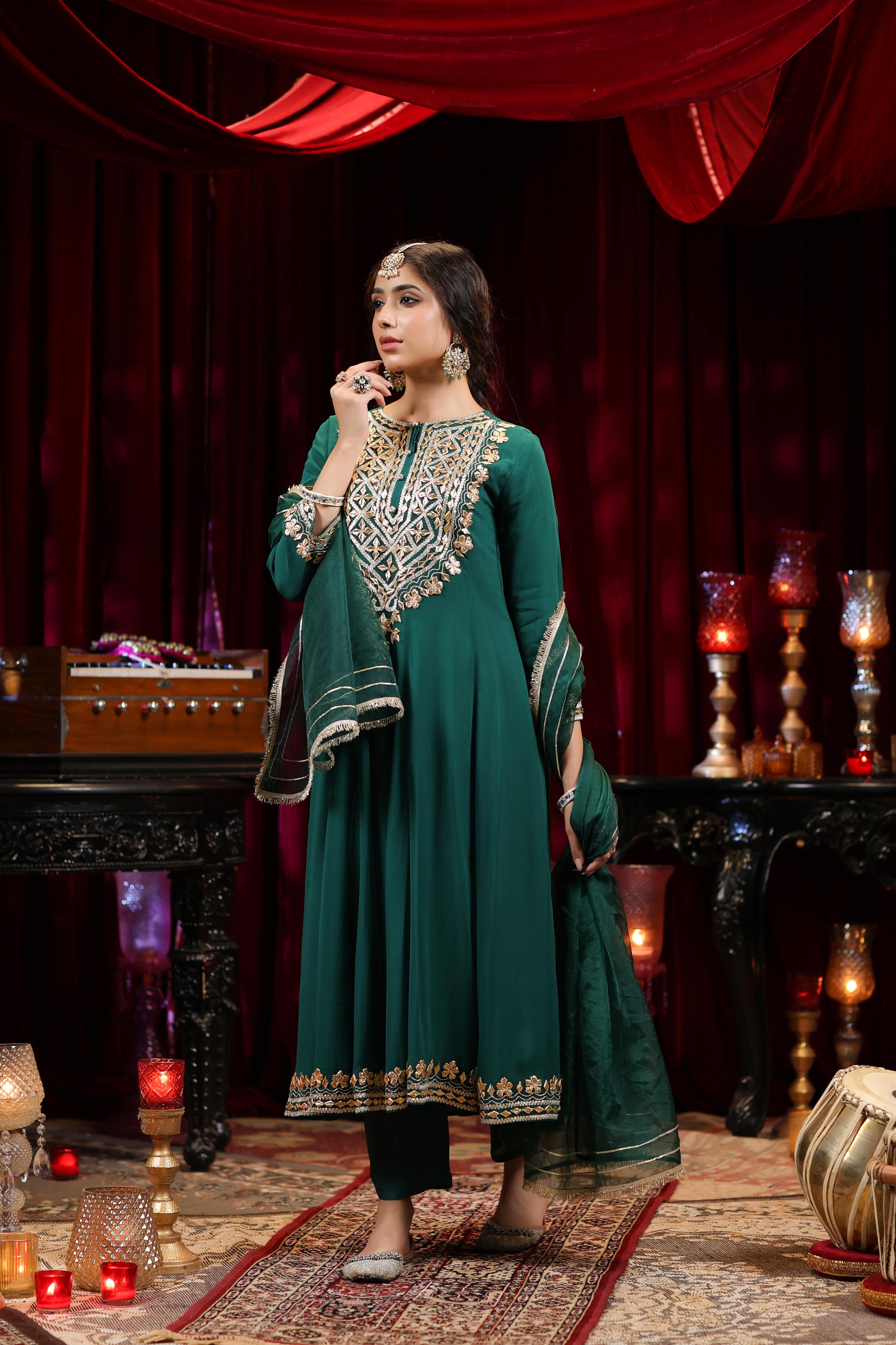 Dark Green Georgette Gota Work Anarkali Set