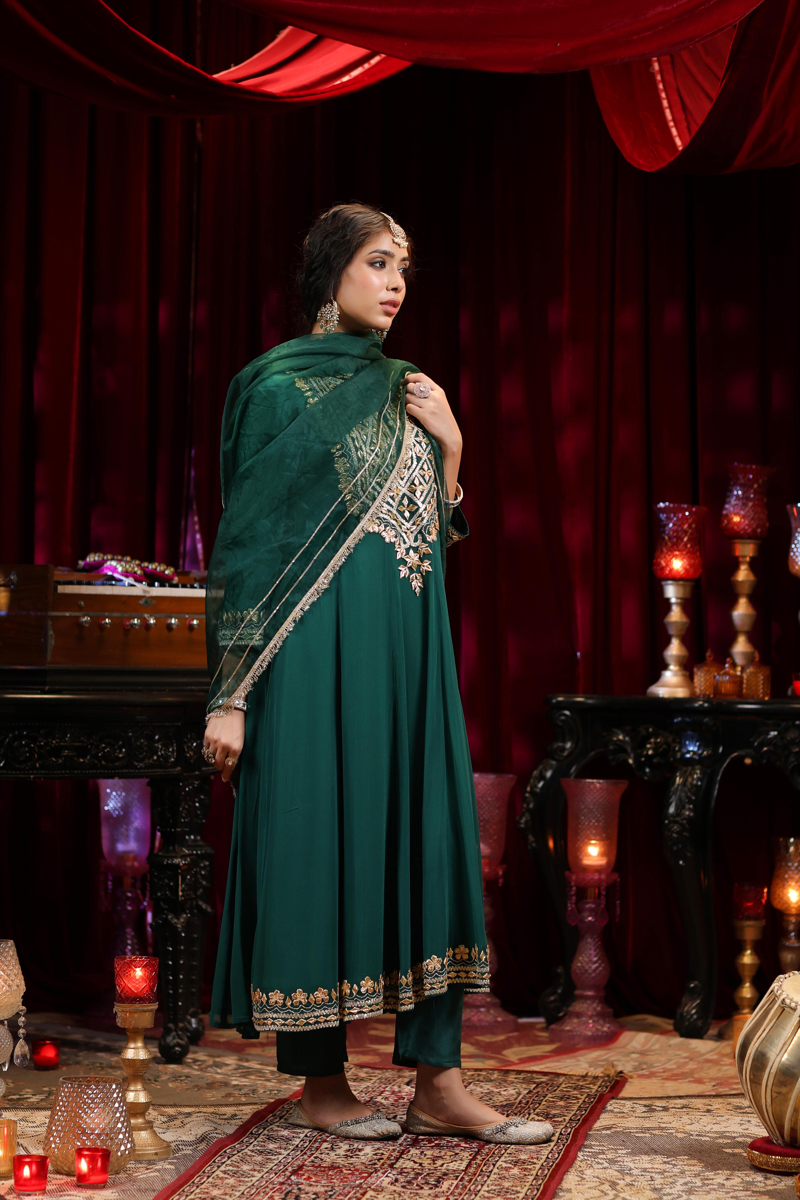 Dark Green Georgette Gota Work Anarkali Set