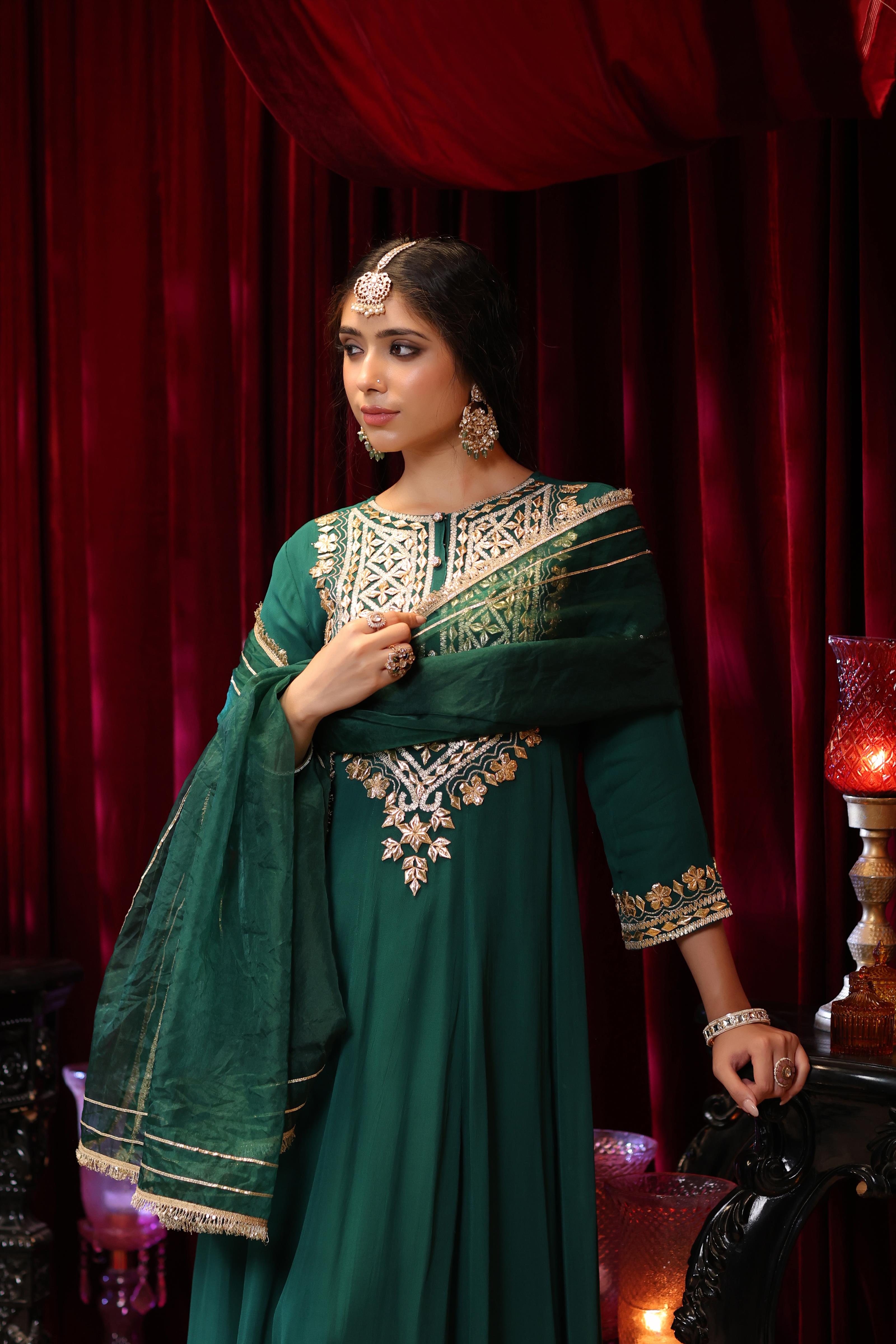 Dark Green Georgette Gota Work Anarkali Set