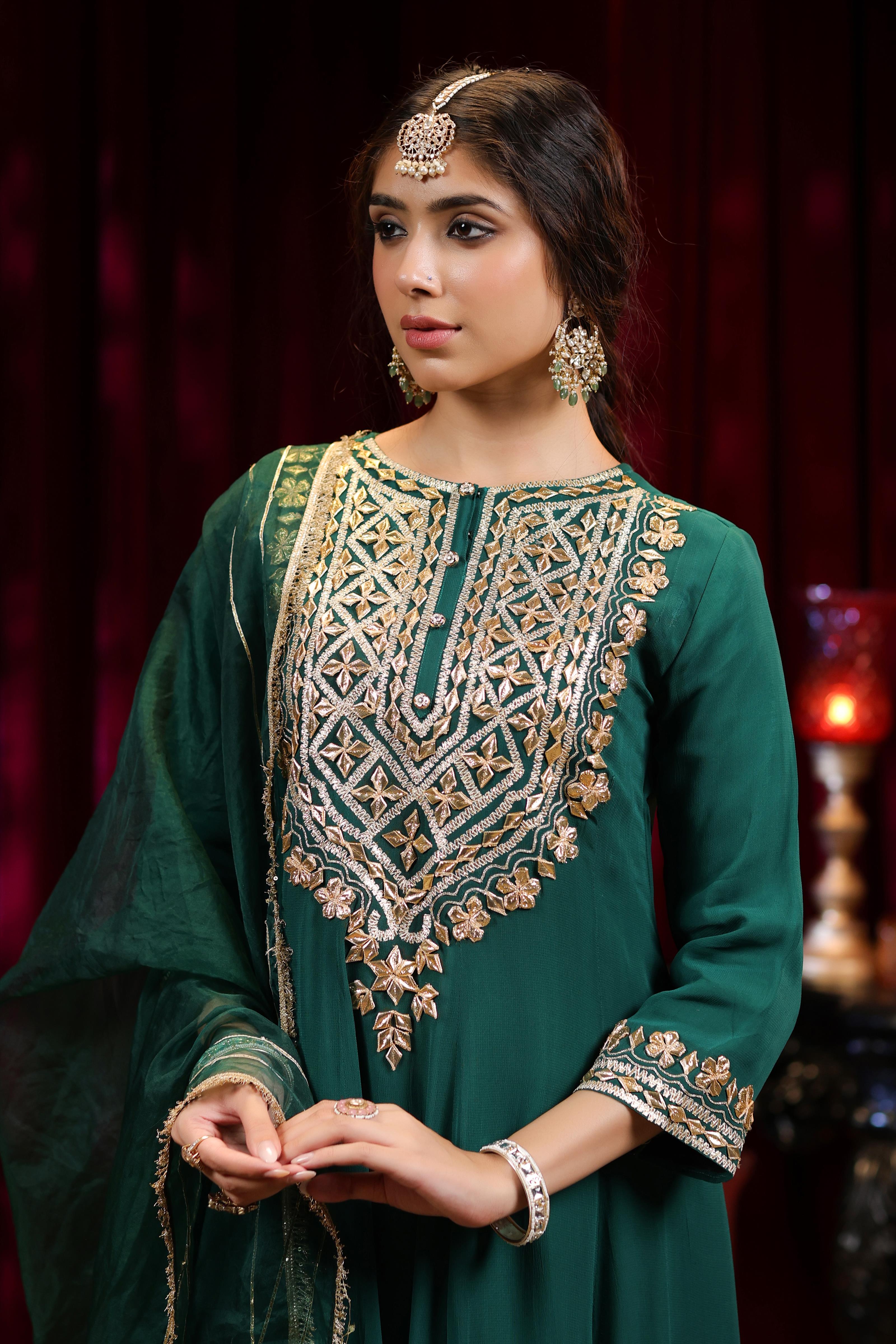 Dark Green Georgette Gota Work Anarkali Set