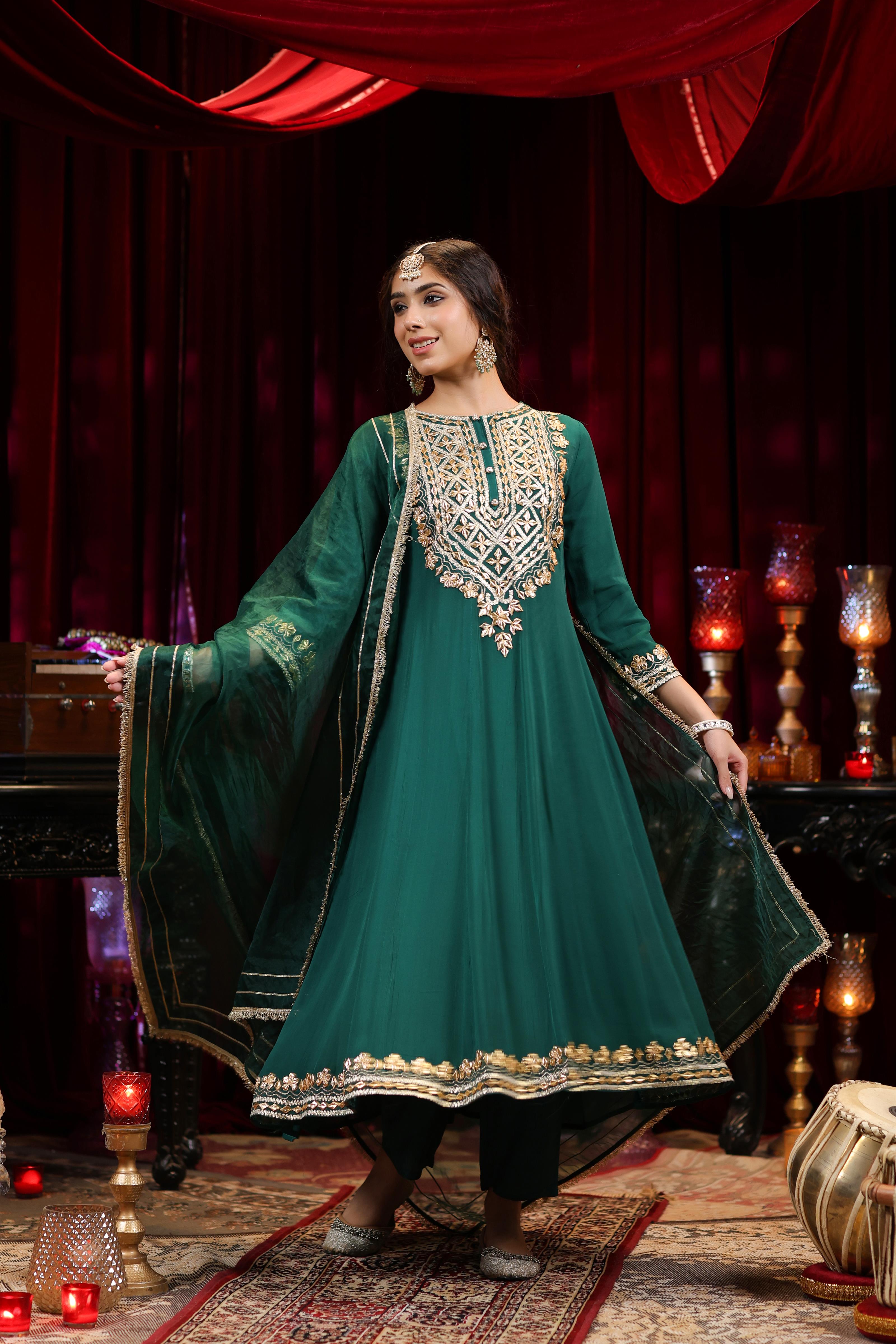 Dark Green Georgette Gota Work Anarkali Set