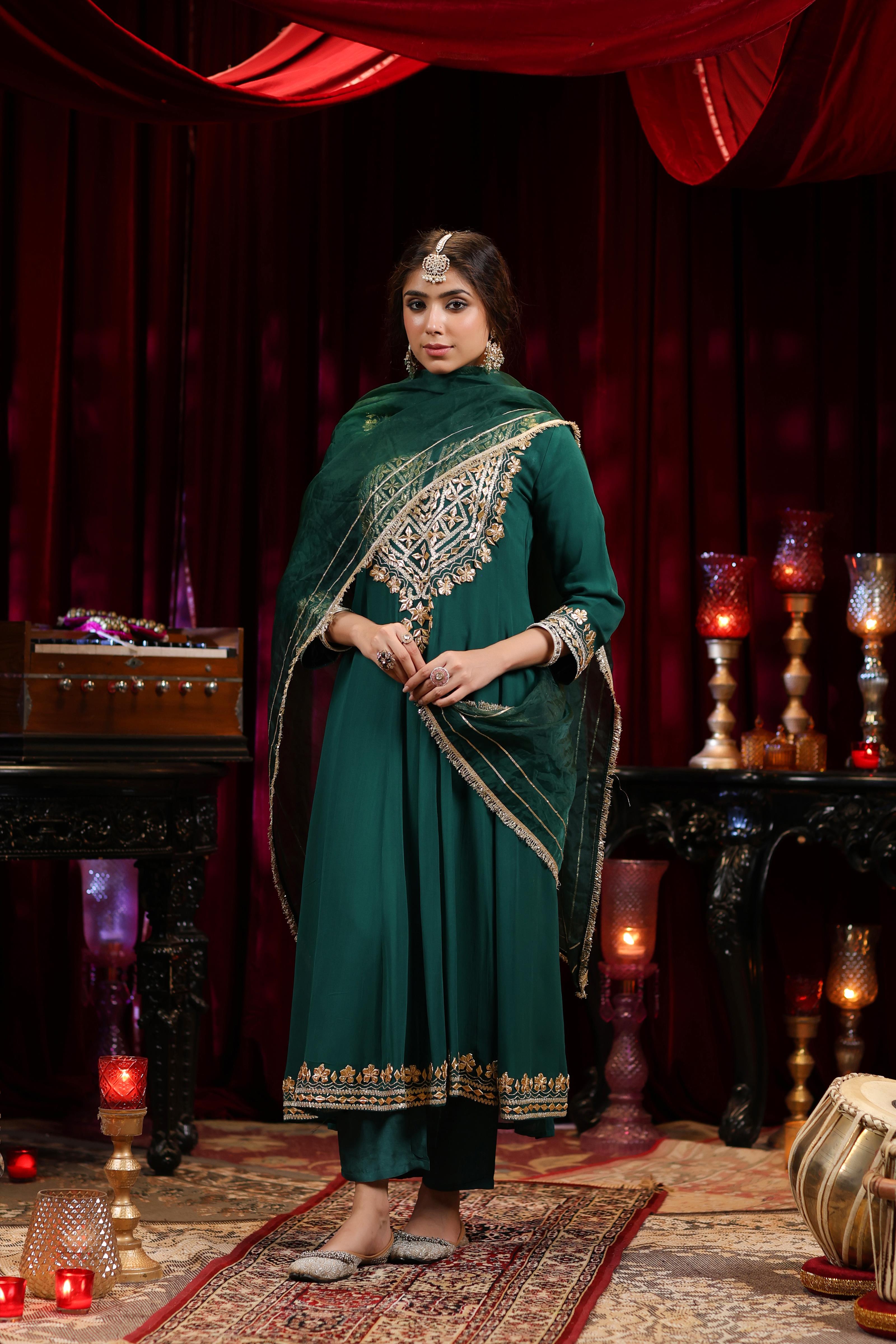 Dark Green Georgette Gota Work Anarkali Set