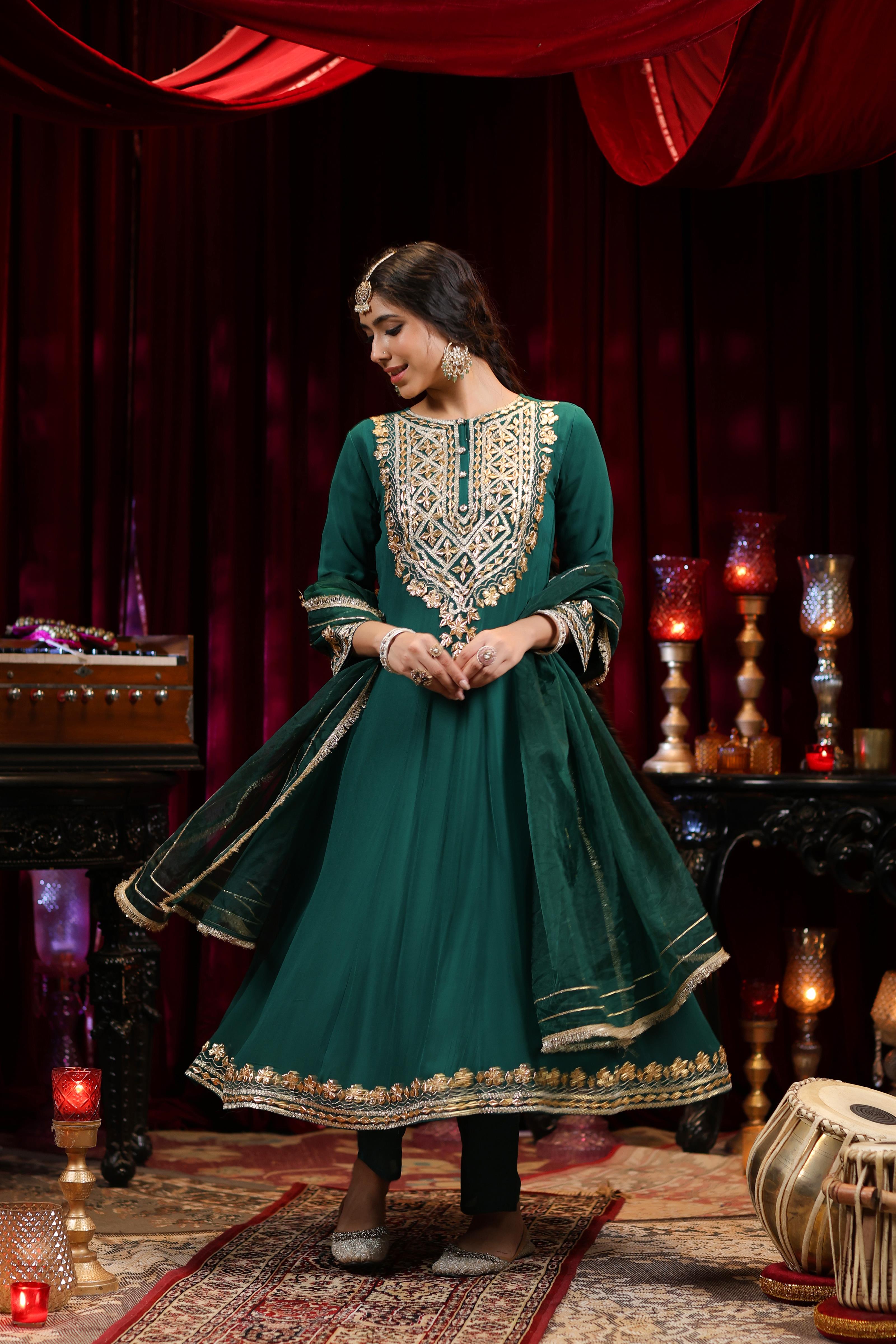 Dark Green Georgette Gota Work Anarkali Set