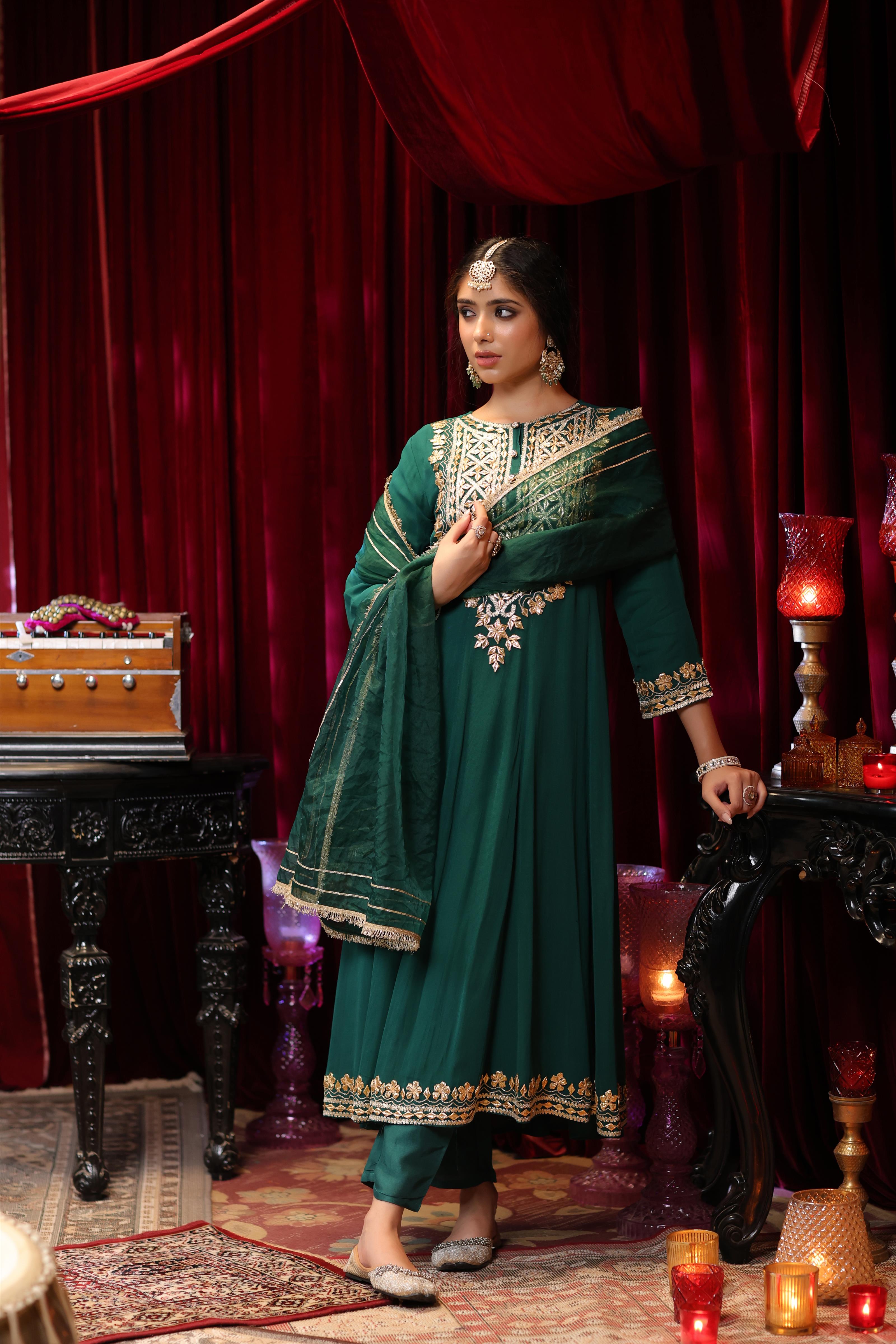 Dark Green Georgette Gota Work Anarkali Set