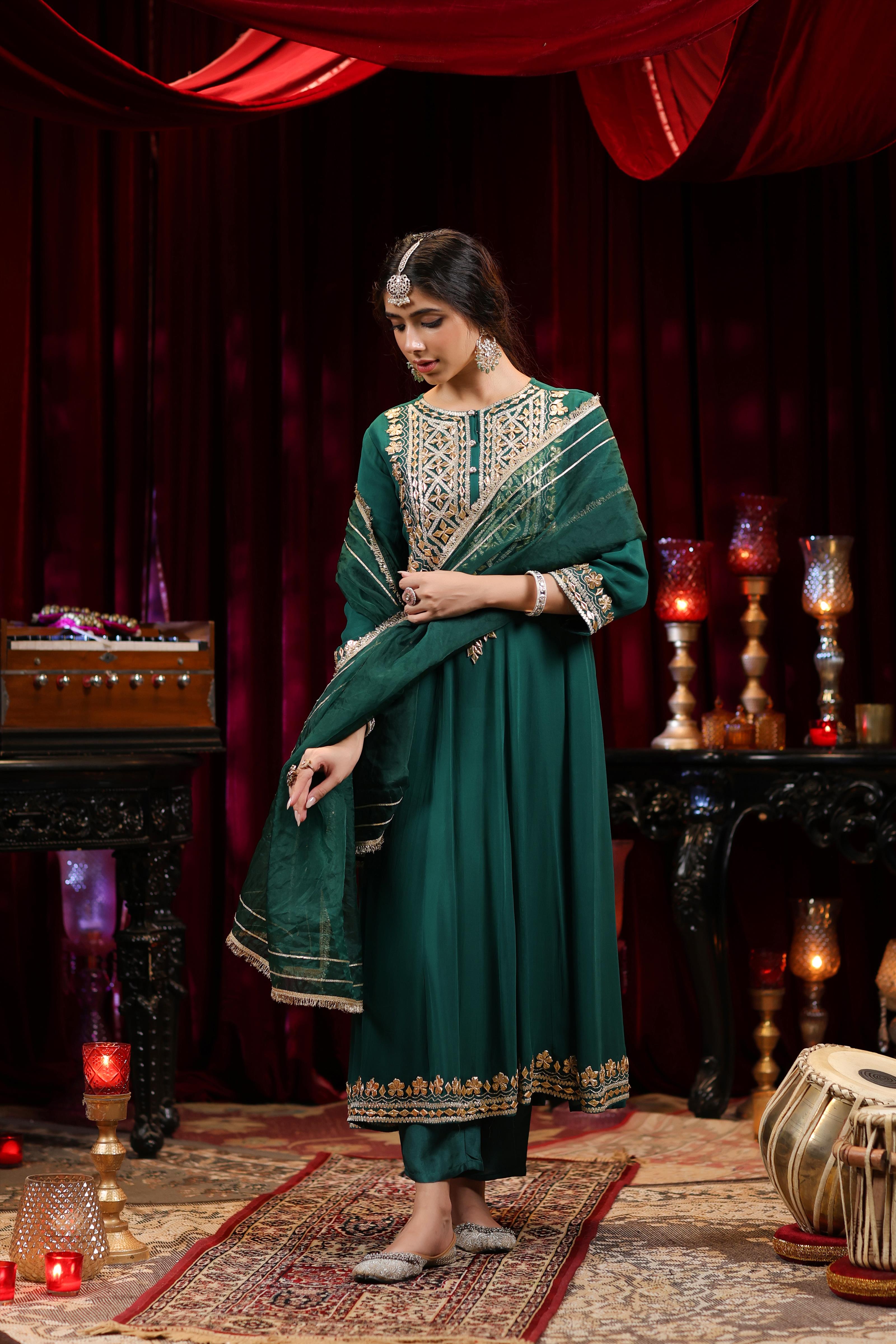 Dark Green Georgette Gota Work Anarkali Set