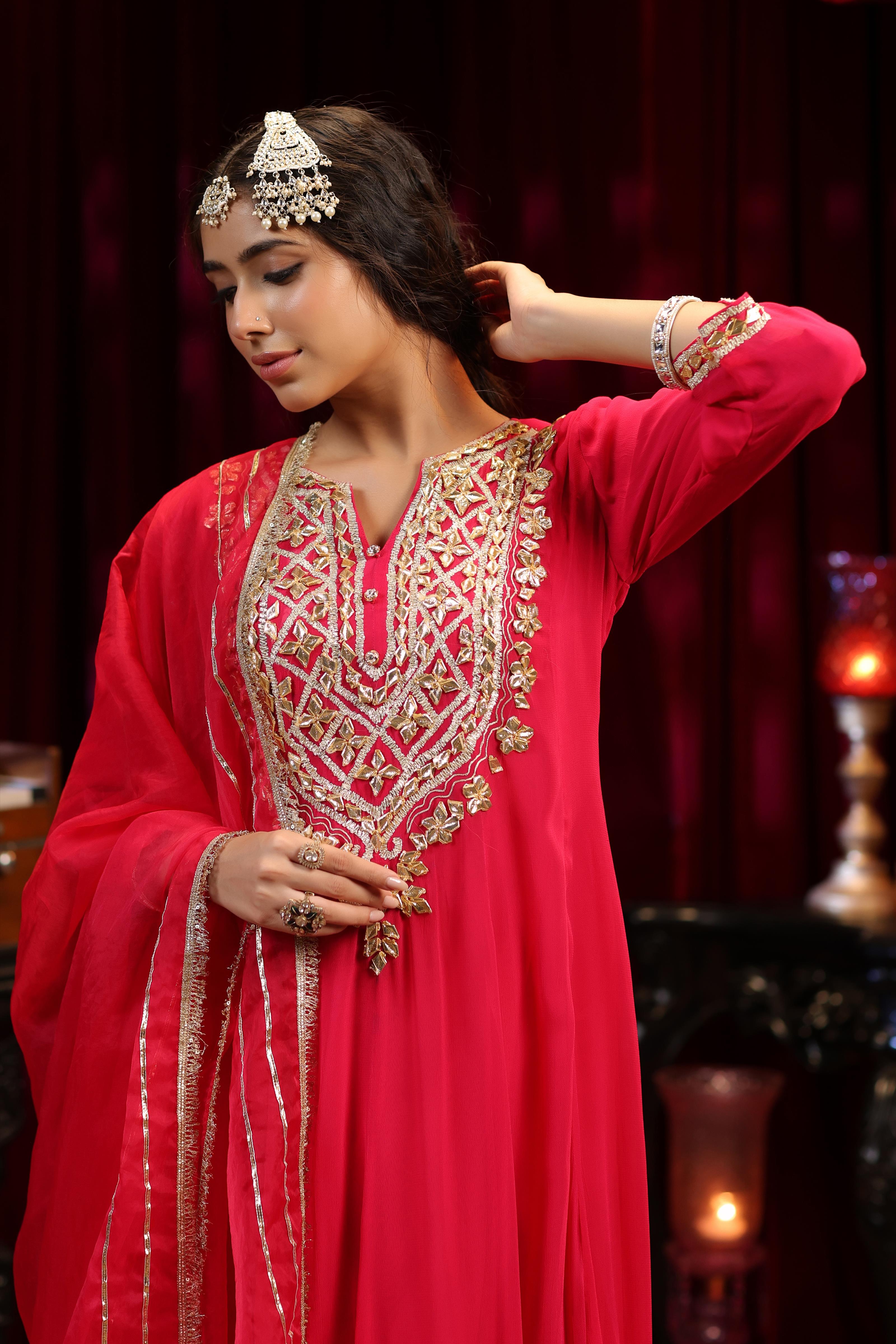 Fuchsia Georgette Gota Work Anarkali Set