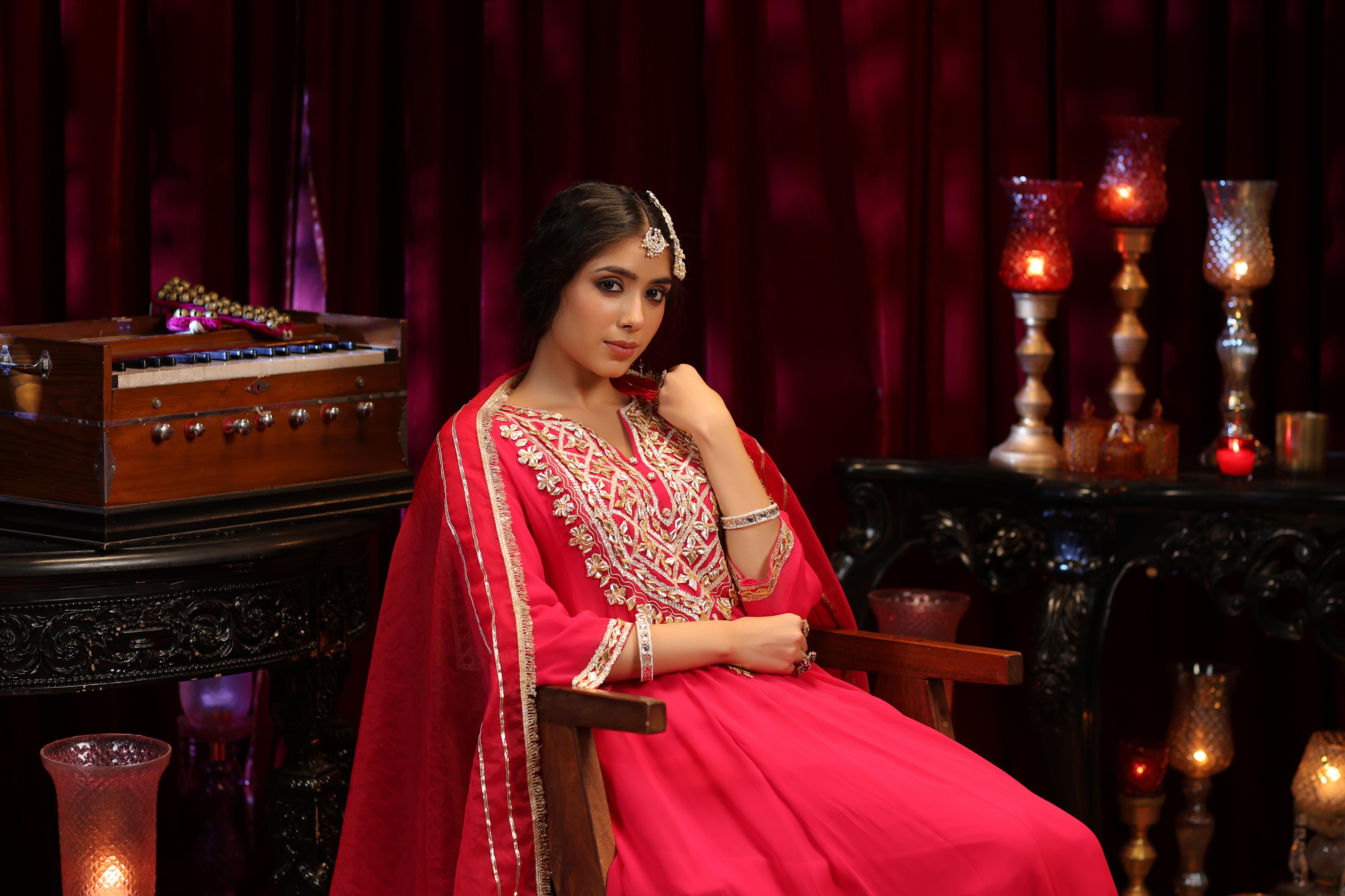 Fuchsia Georgette Gota Work Anarkali Set