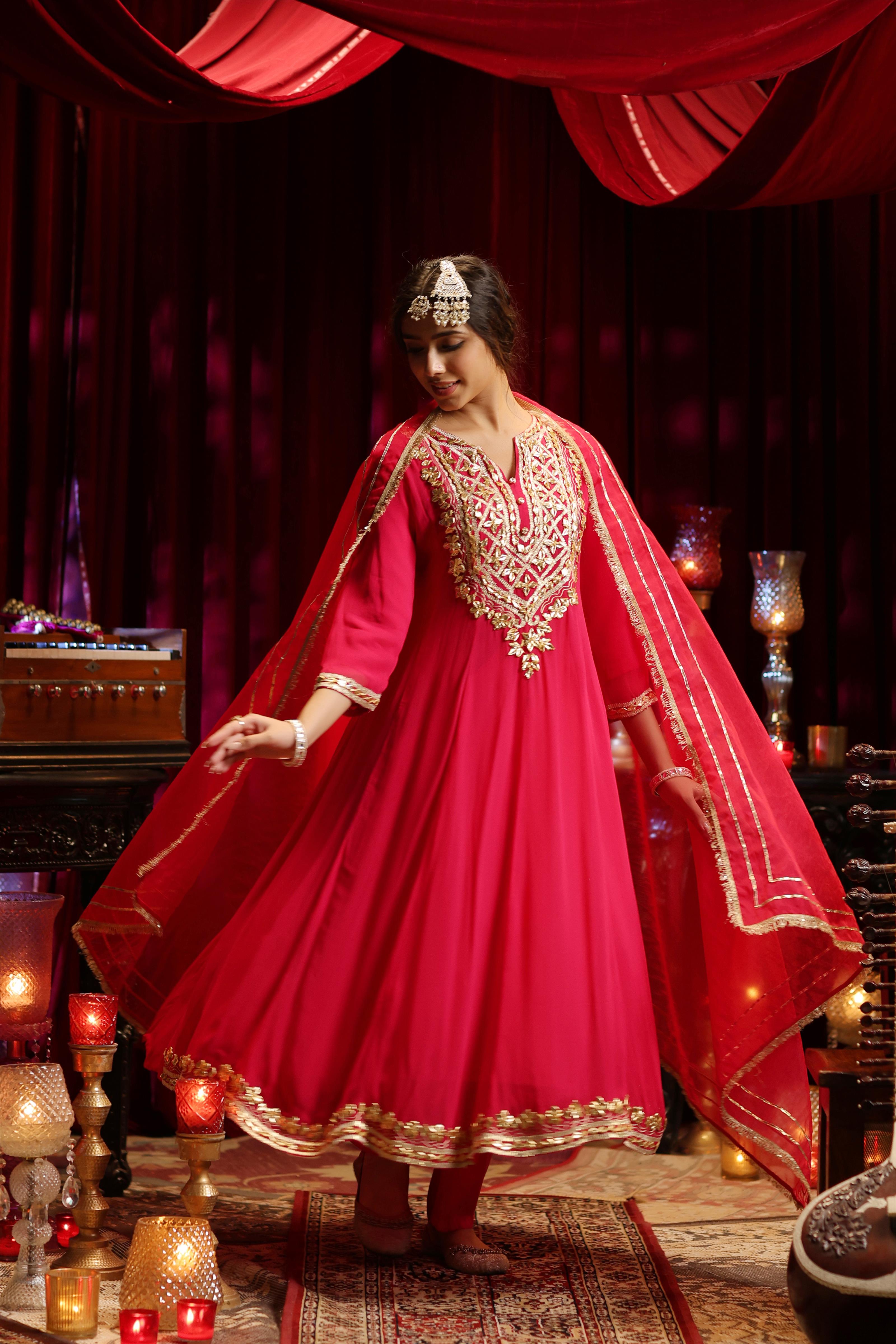 Fuchsia Georgette Gota Work Anarkali Set