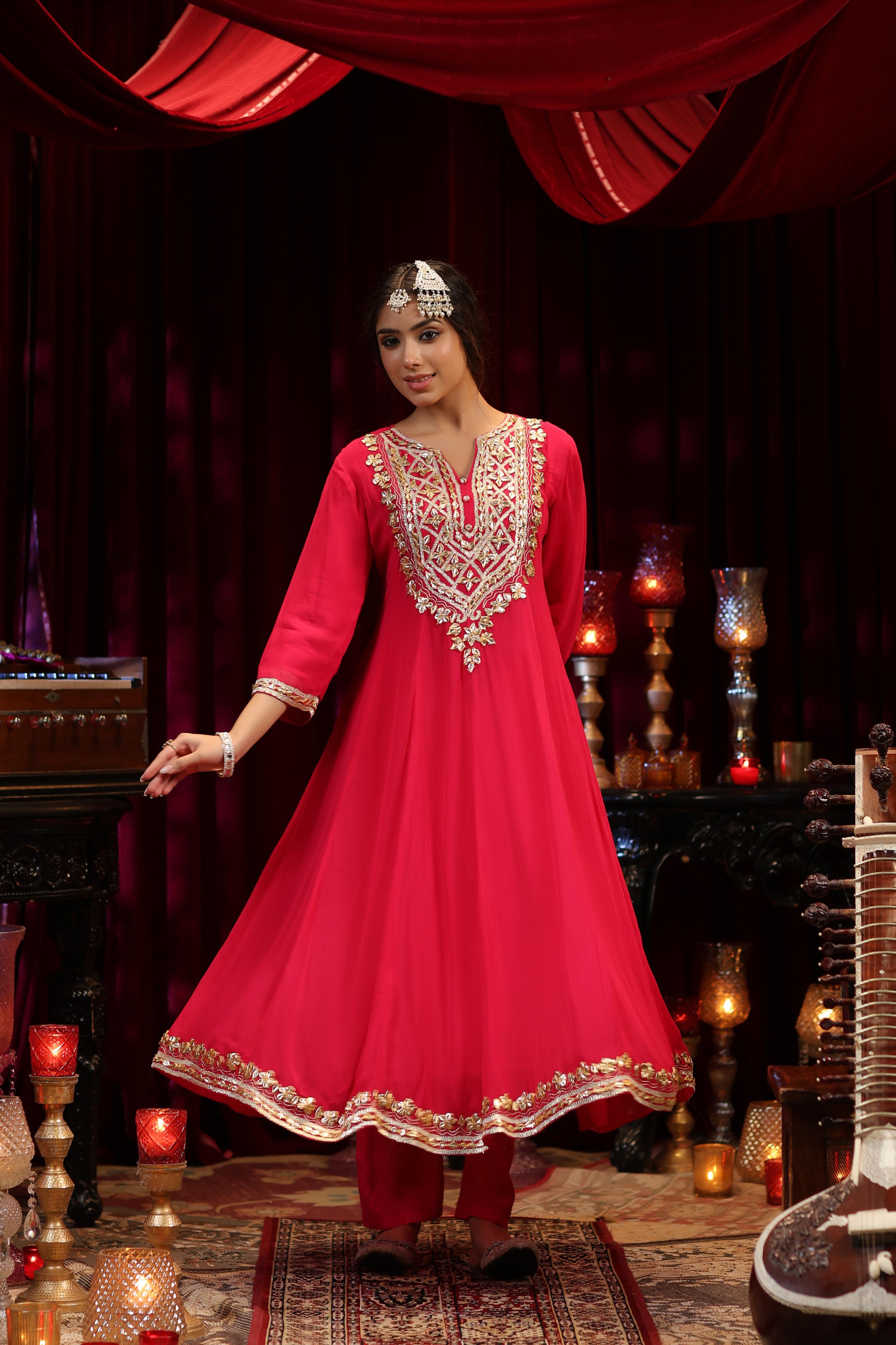 Fuchsia Georgette Gota Work Anarkali Set