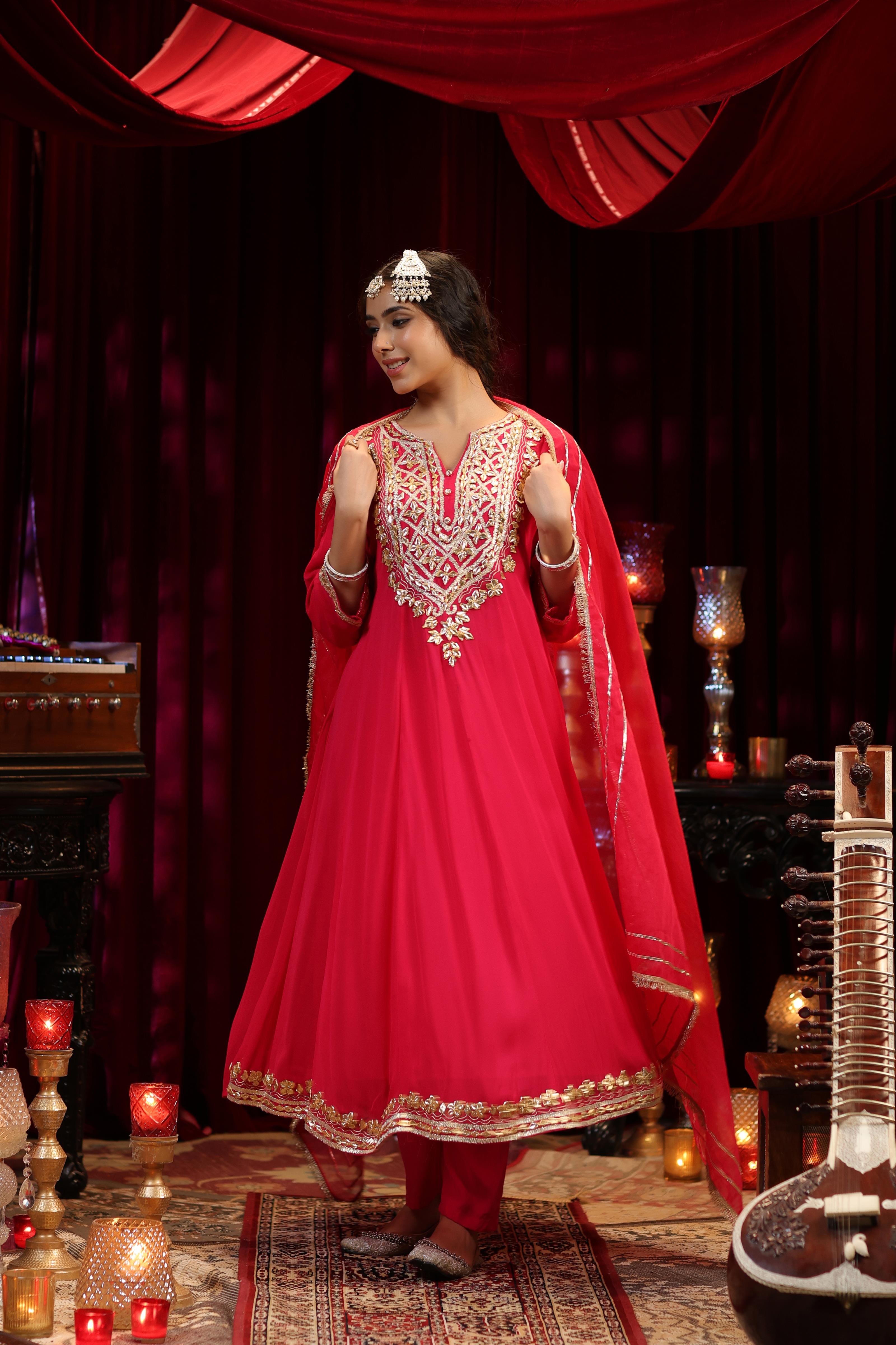 Fuchsia Georgette Gota Work Anarkali Set