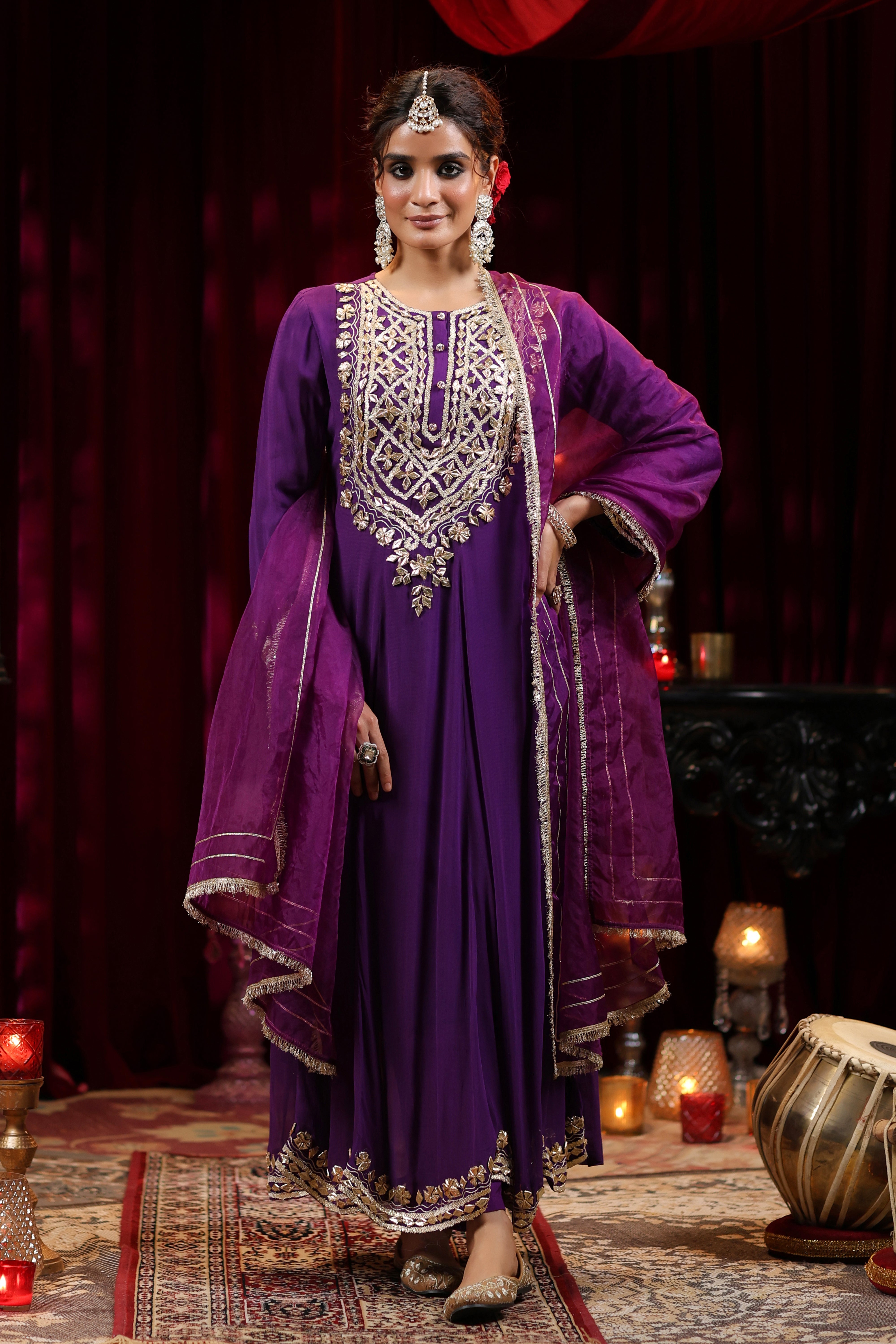 Purple Georgette Gota Work Anarkali Set