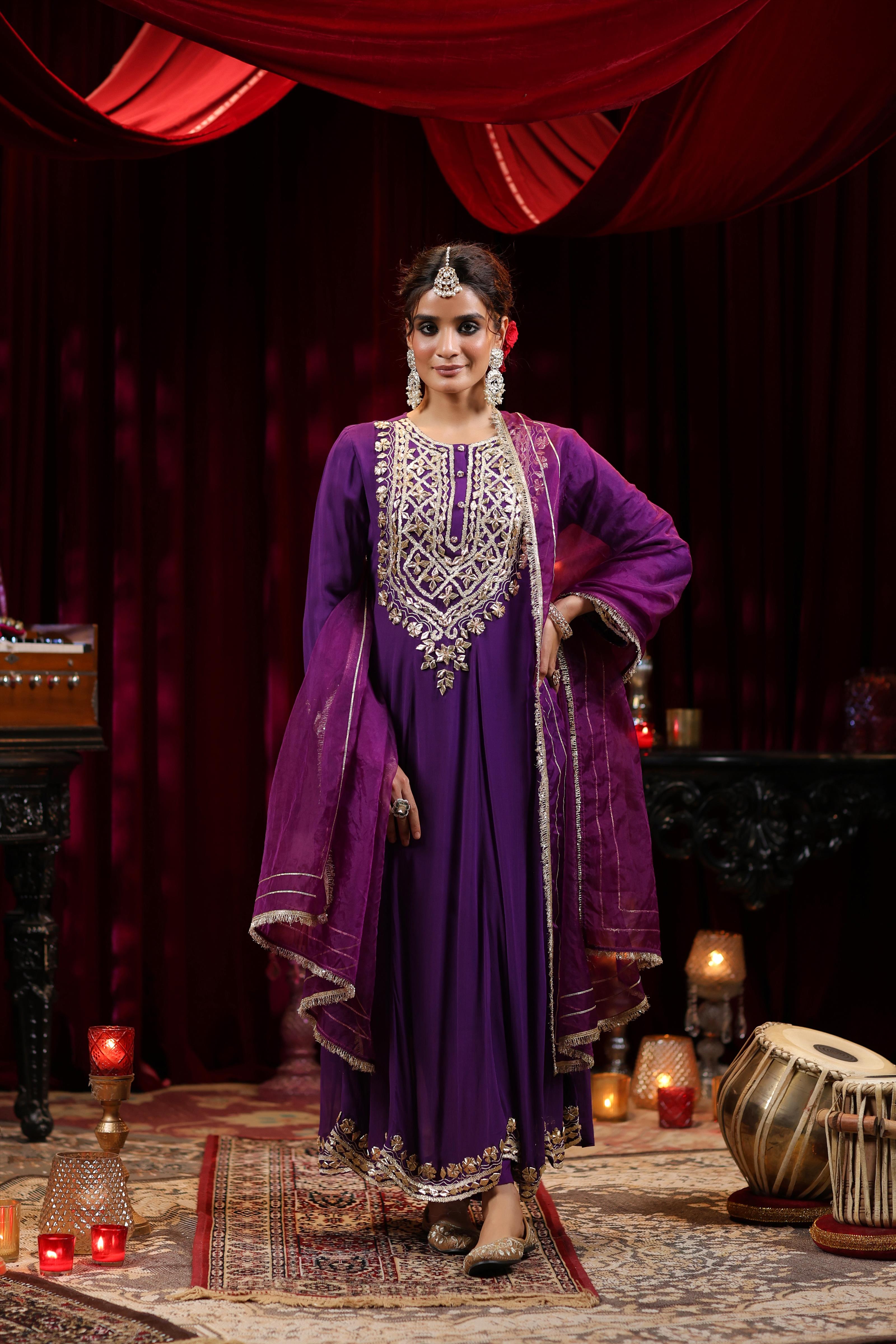 Purple Georgette Gota Work Anarkali Set