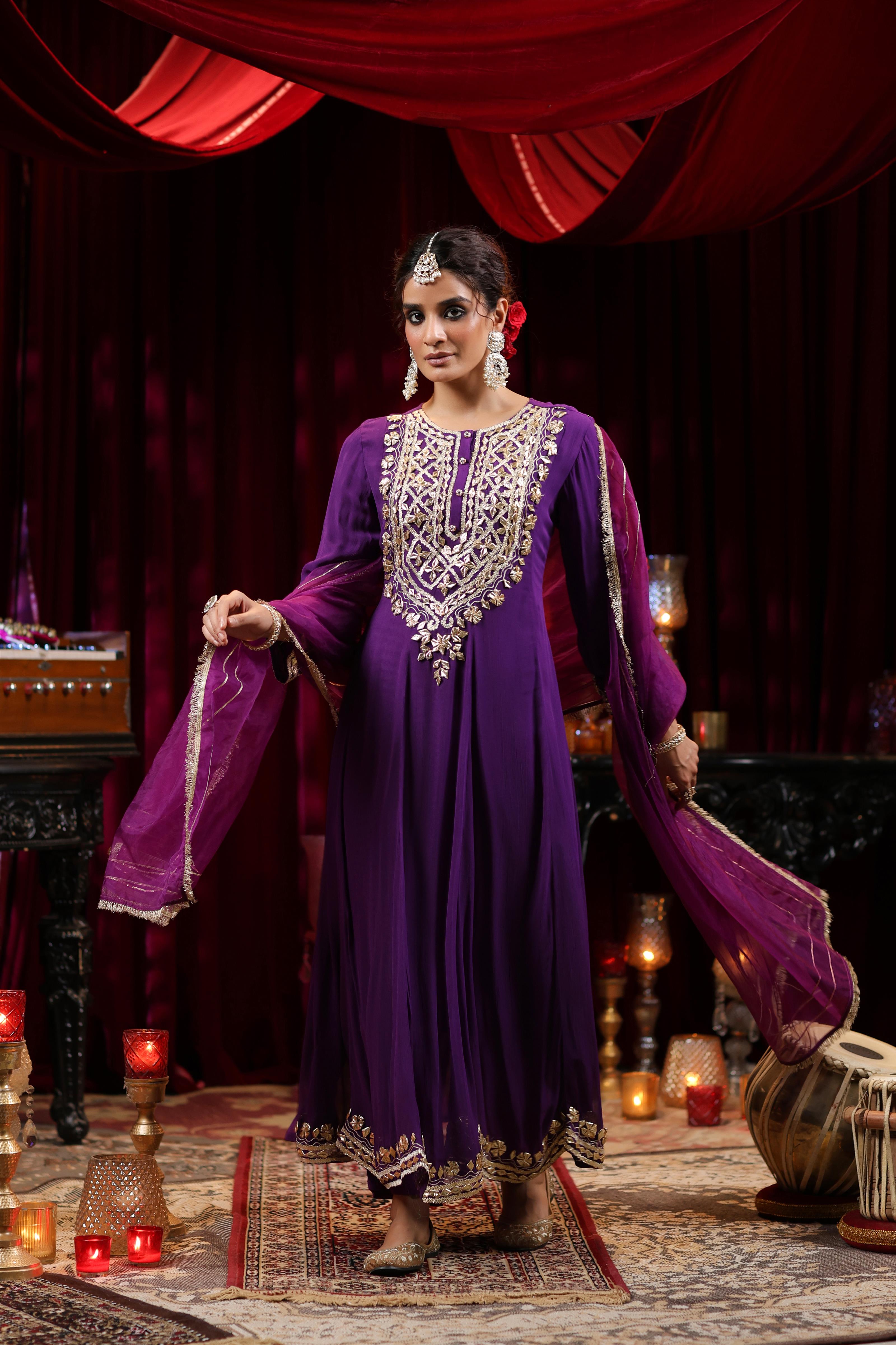 Purple Georgette Gota Work Anarkali Set