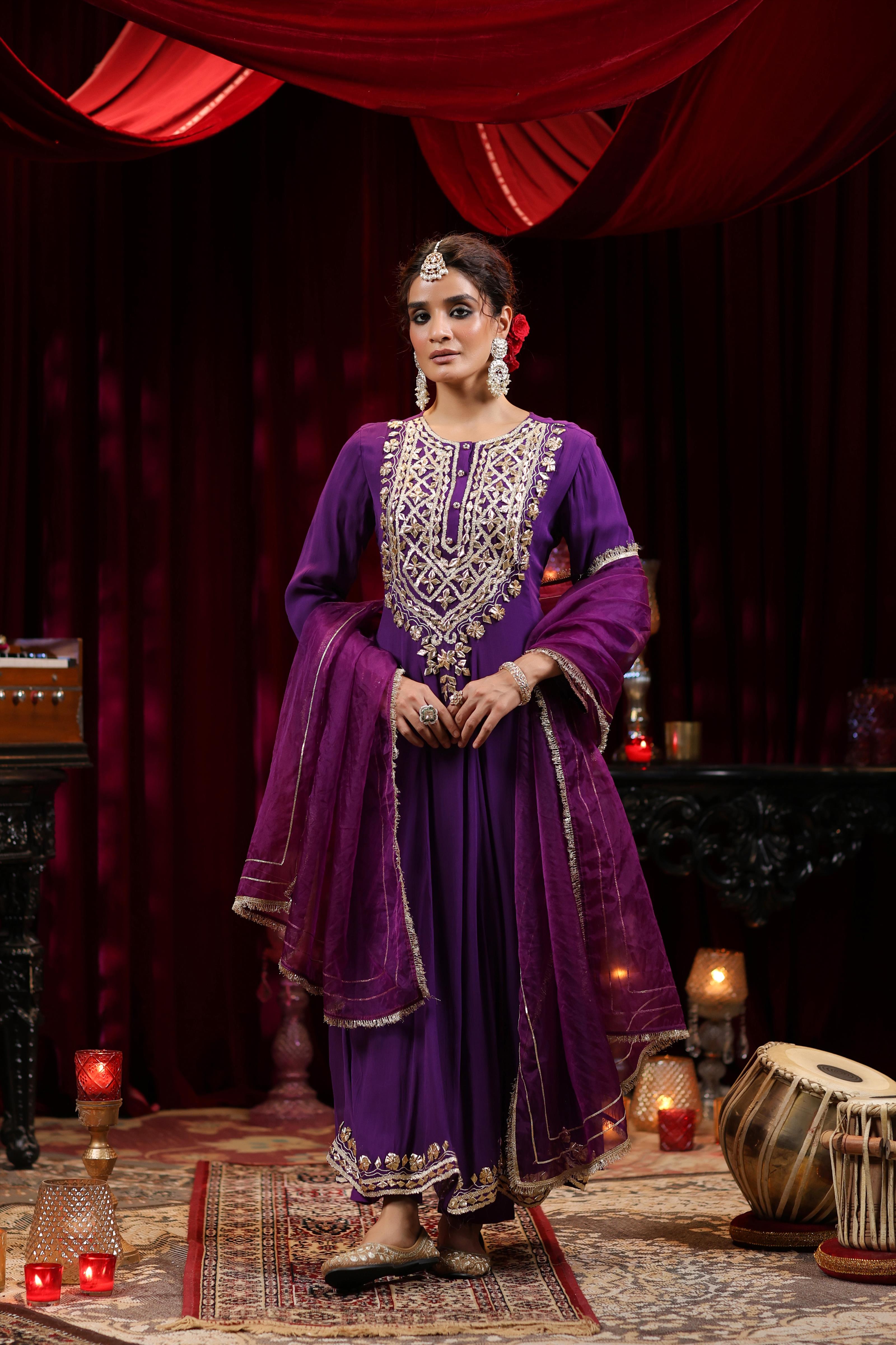 Purple Georgette Gota Work Anarkali Set