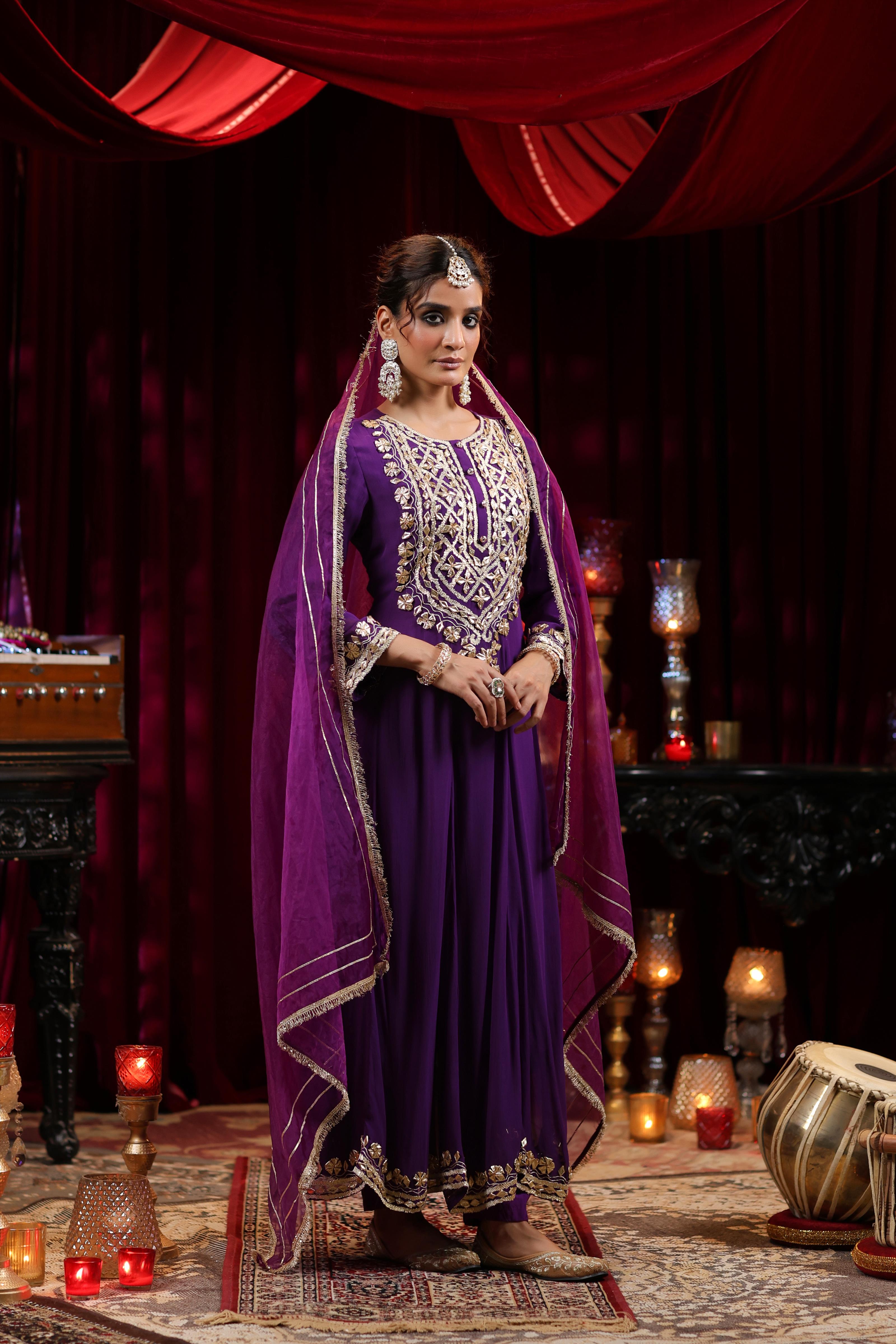 Purple Georgette Gota Work Anarkali Set