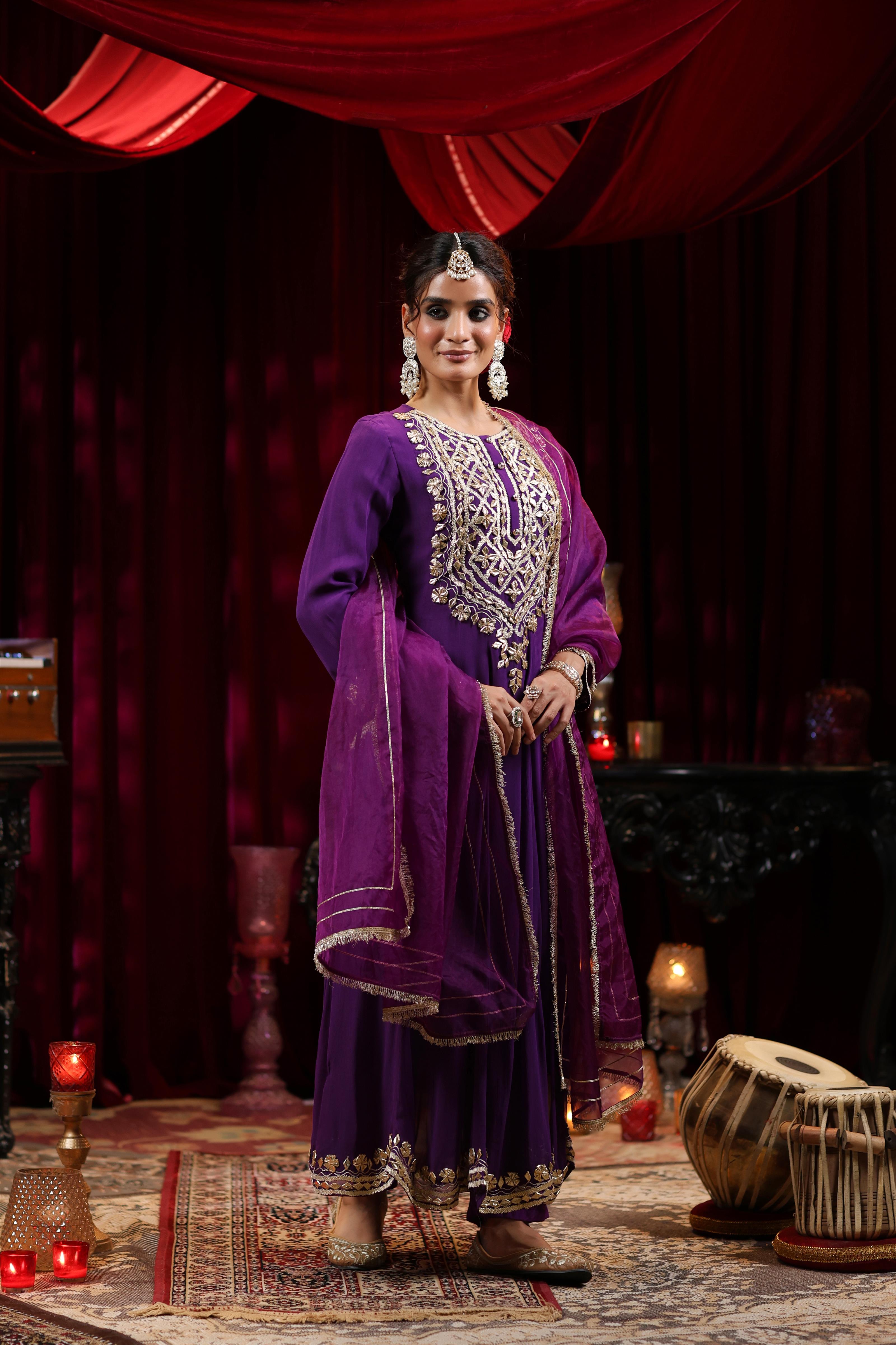 Purple Georgette Gota Work Anarkali Set