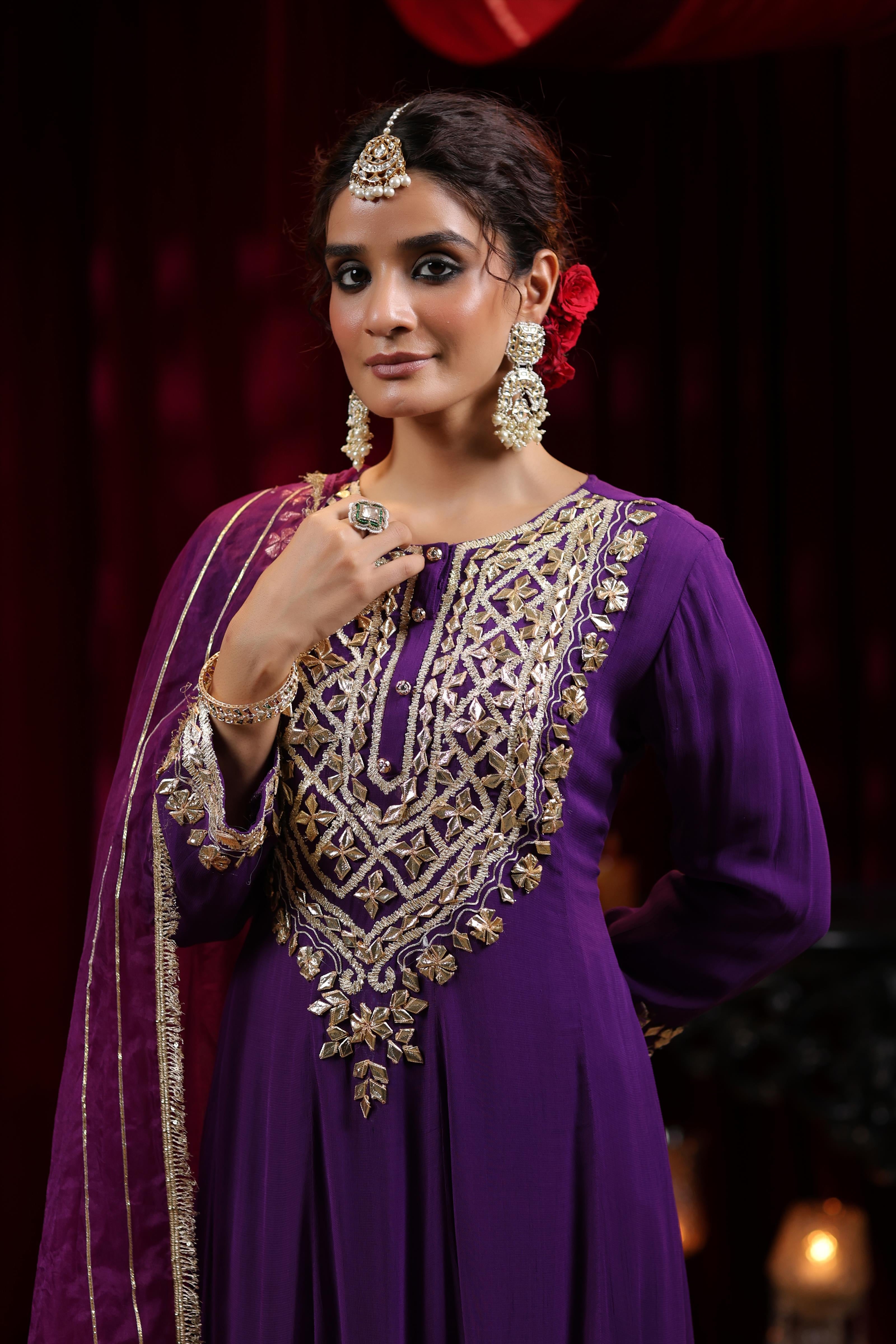 Purple Georgette Gota Work Anarkali Set