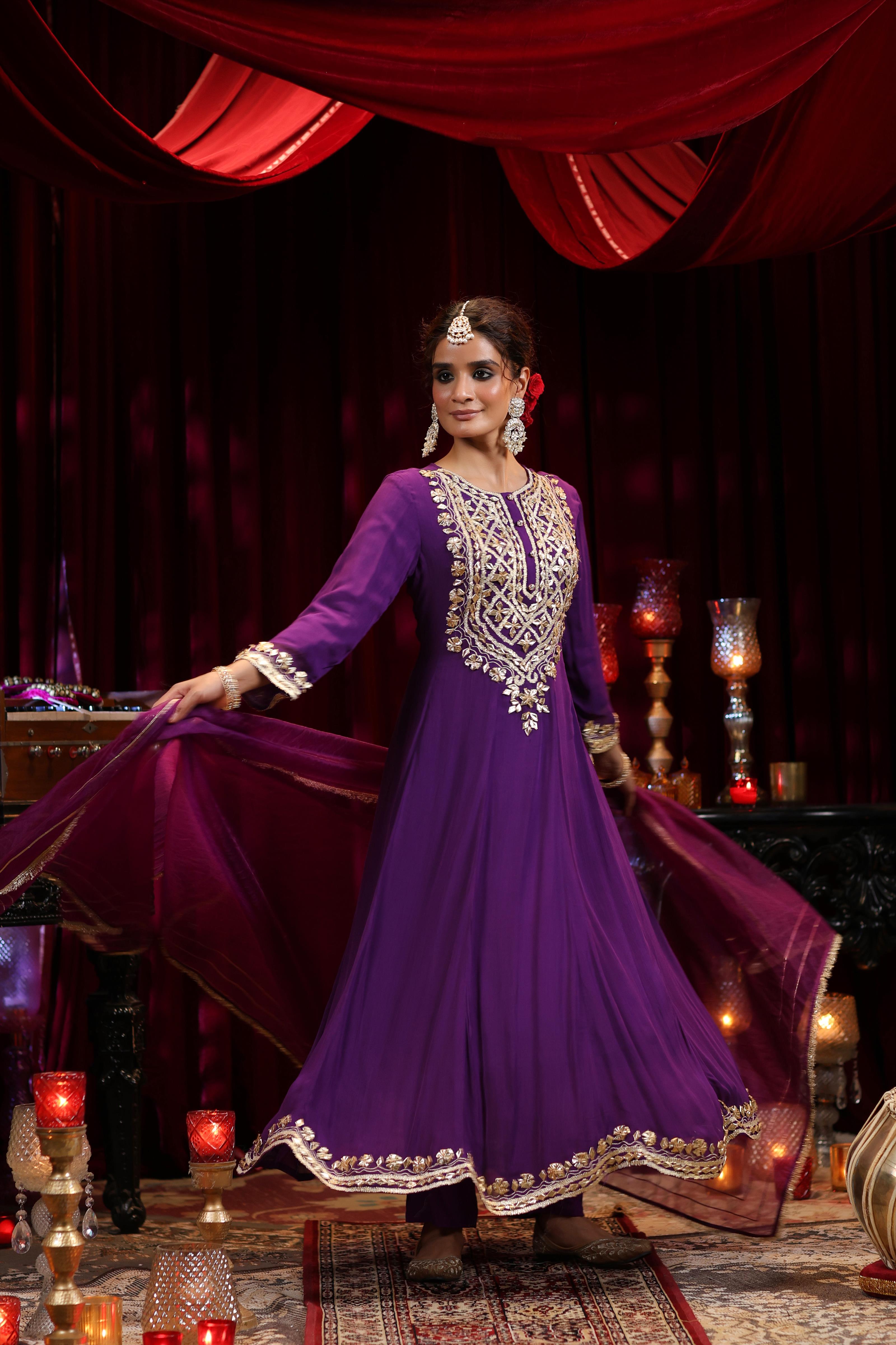 Purple Georgette Gota Work Anarkali Set