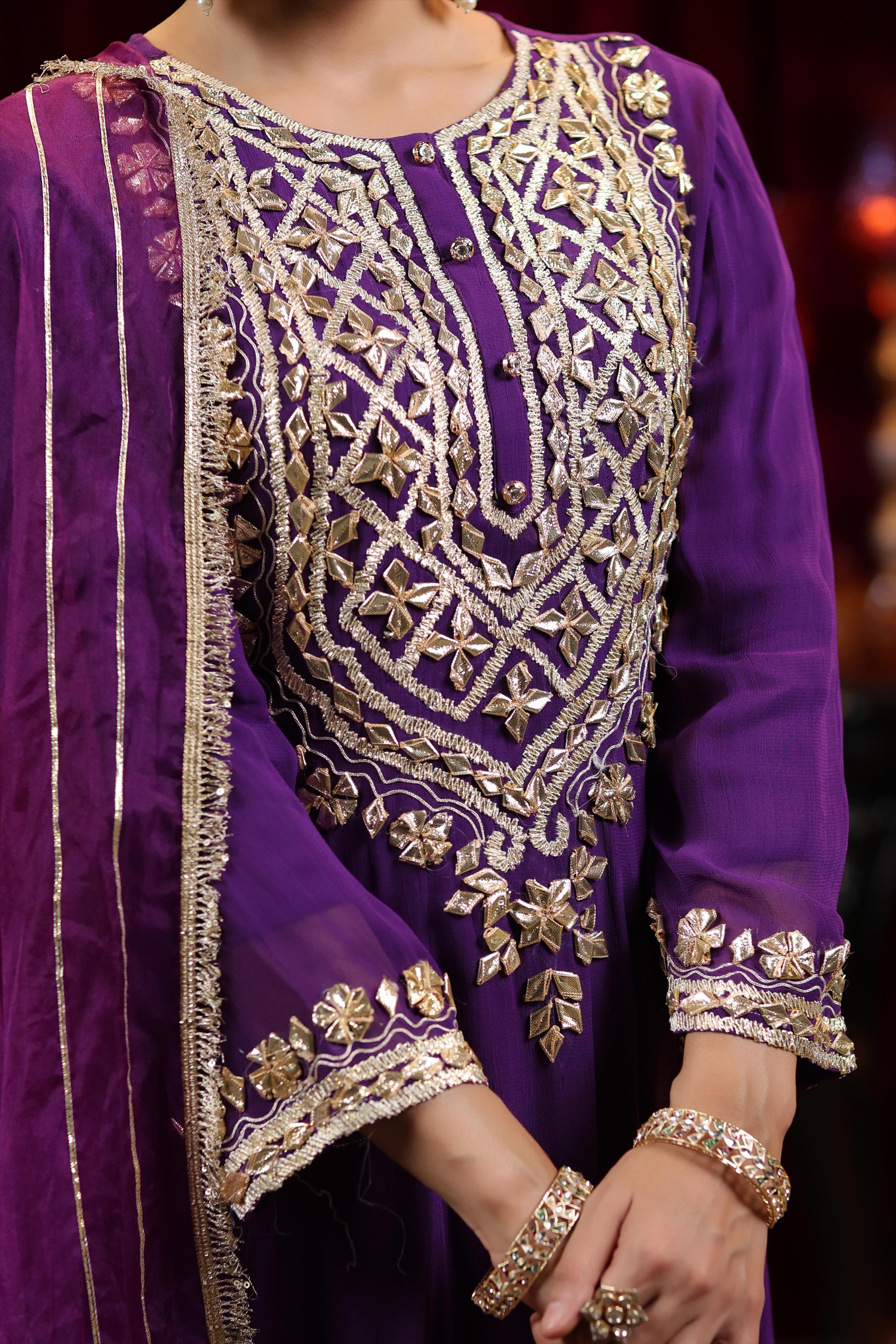 Purple Georgette Gota Work Anarkali Set