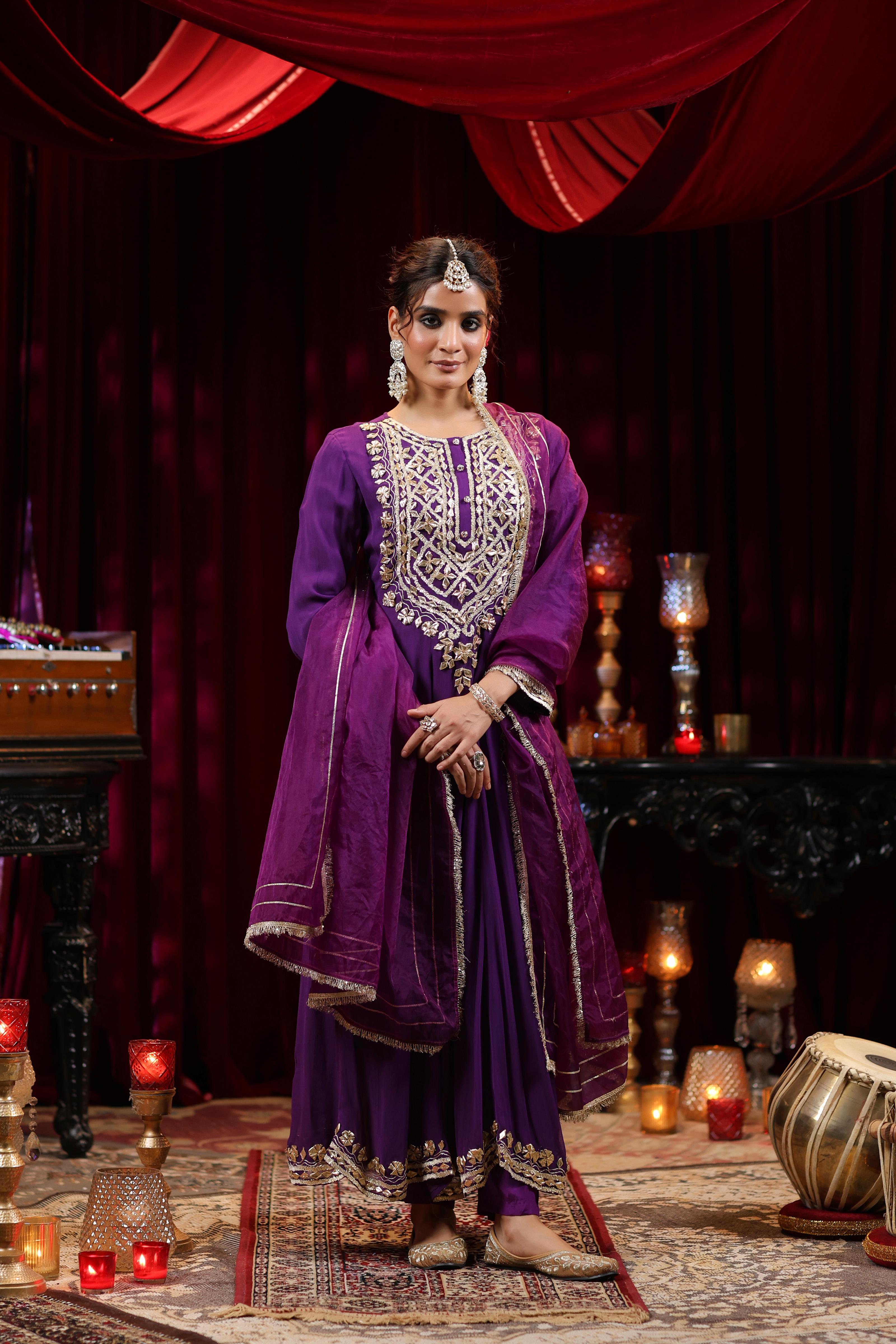 Purple Georgette Gota Work Anarkali Set