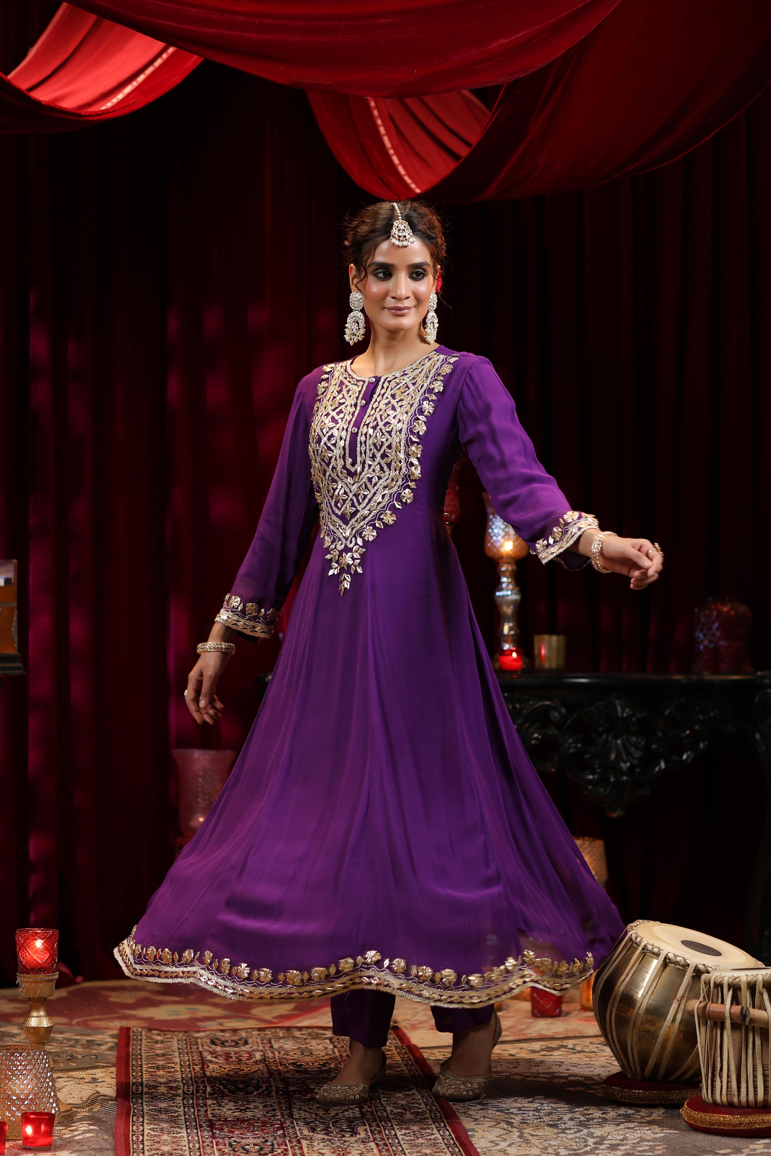 Purple Georgette Gota Work Anarkali Set