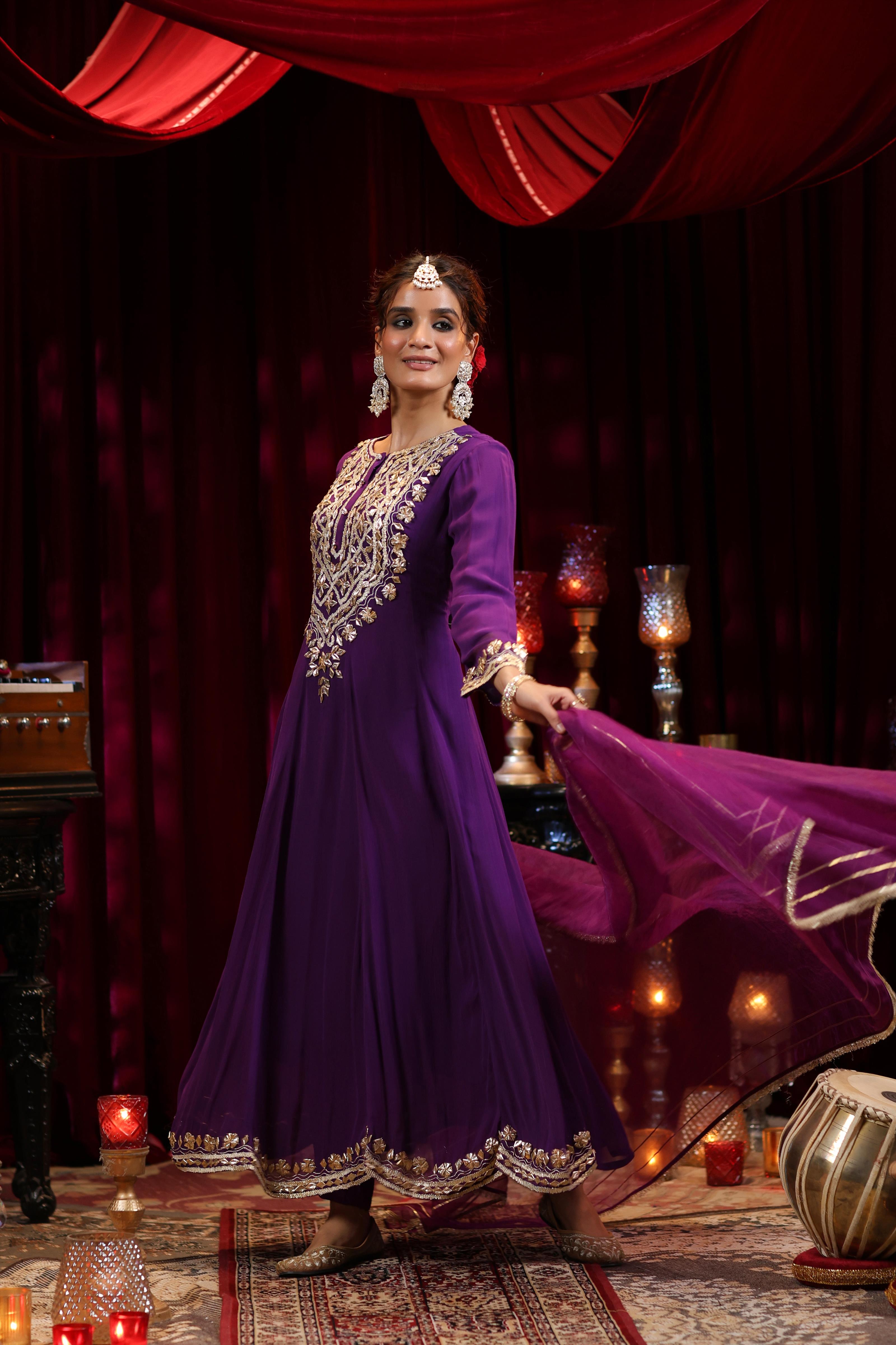 Purple Georgette Gota Work Anarkali Set