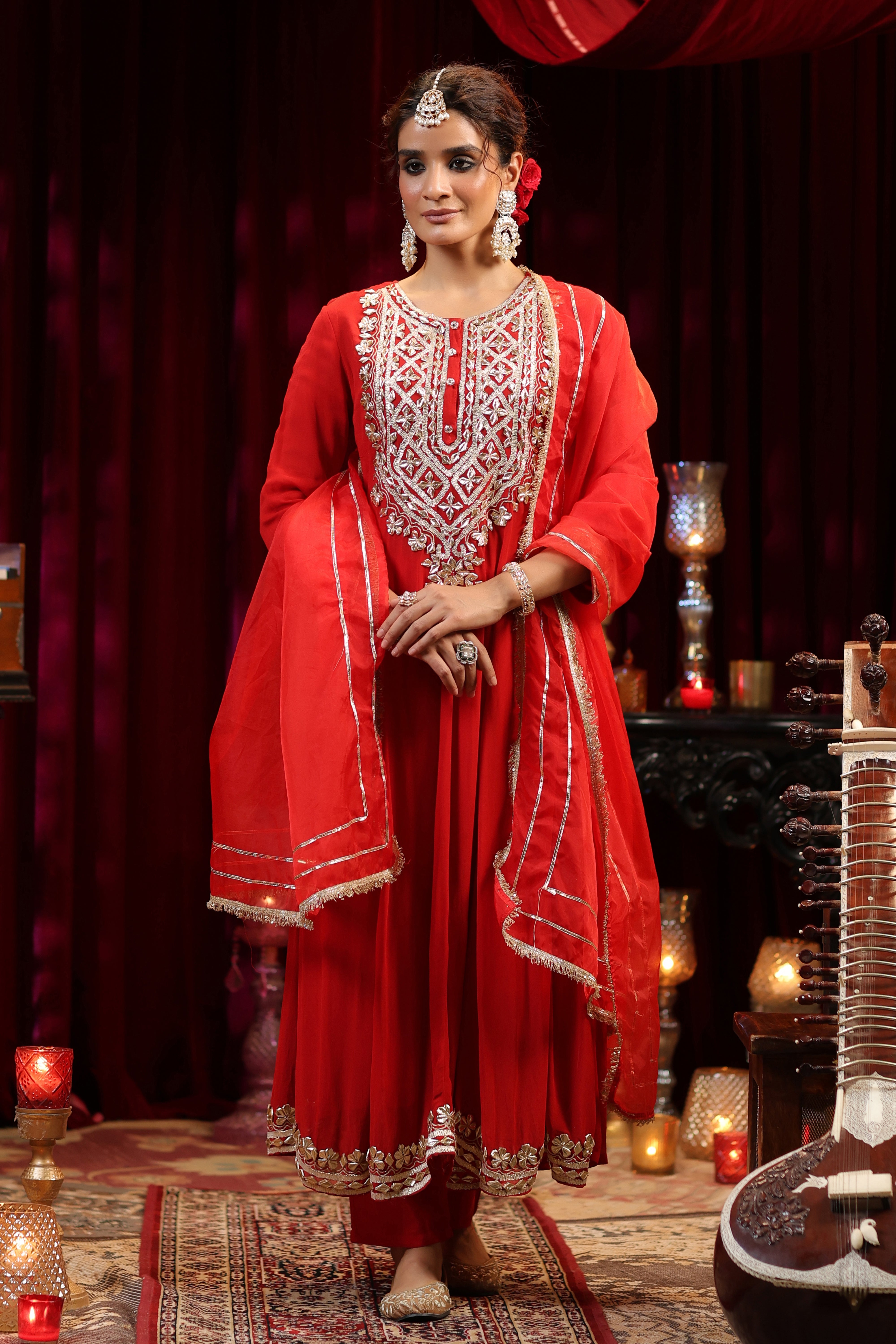 Red Georgette Gota Work Anarkali Set