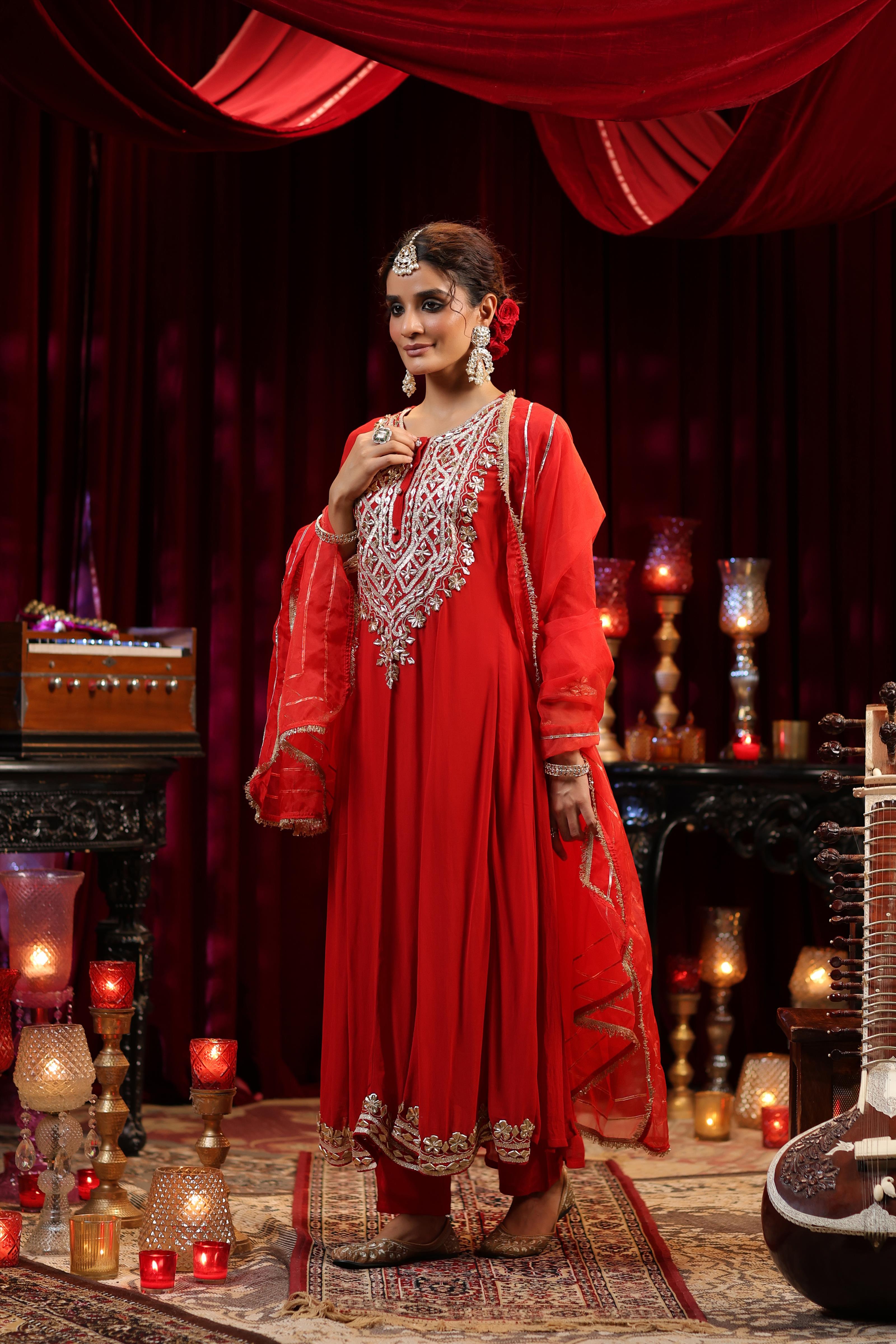 Red Georgette Gota Work Anarkali Set