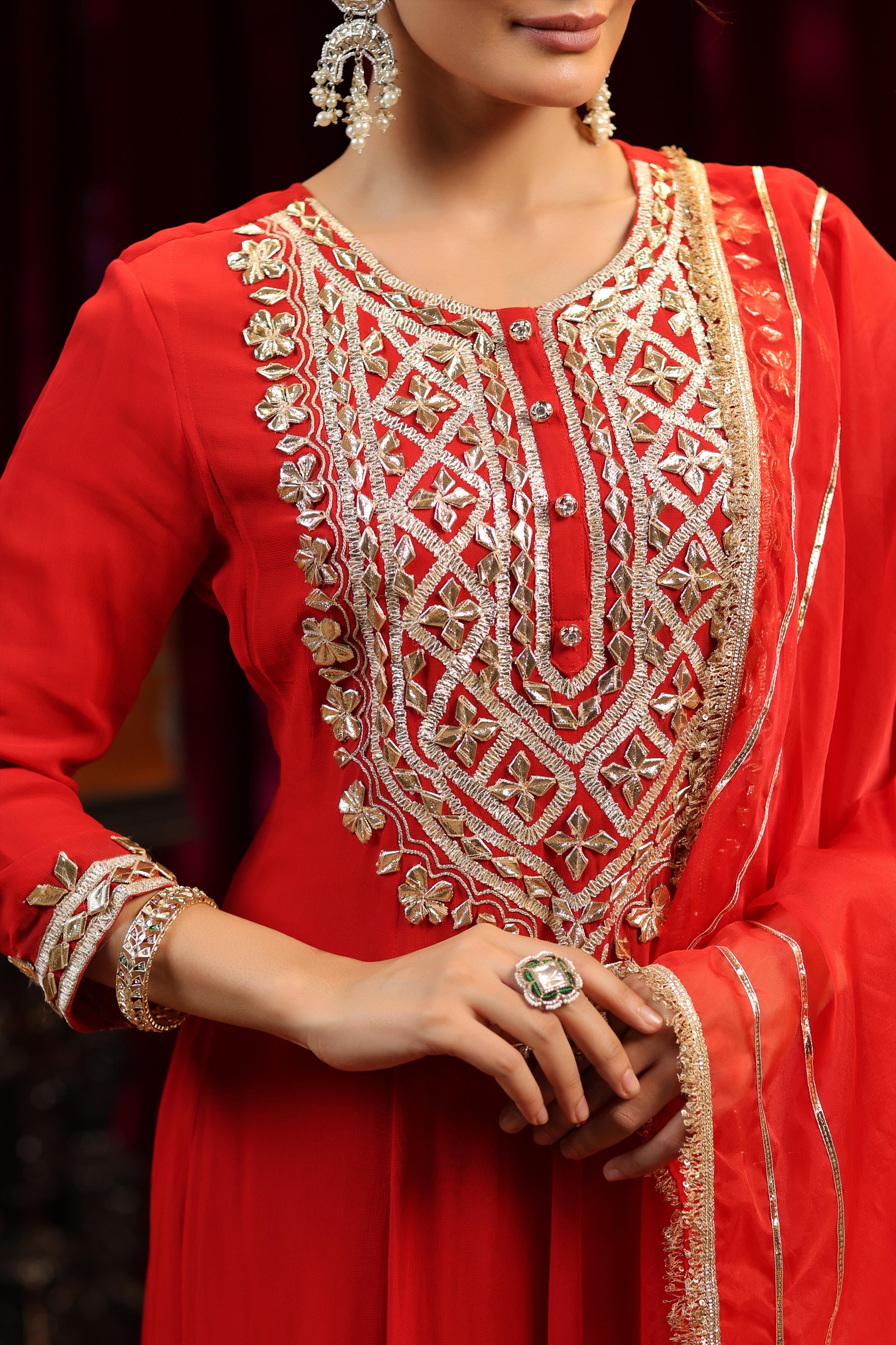 Red Georgette Gota Work Anarkali Set