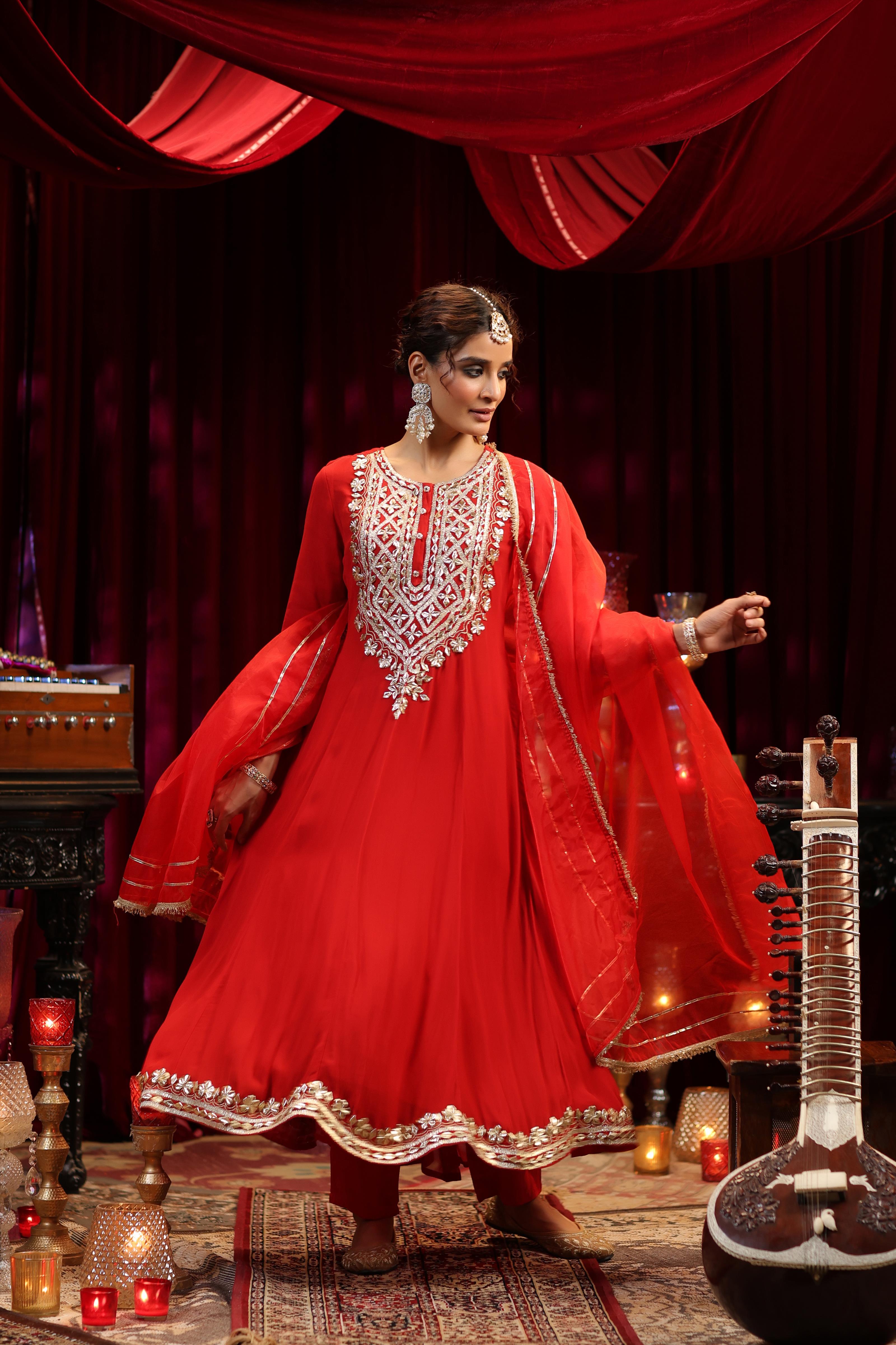 Red Georgette Gota Work Anarkali Set