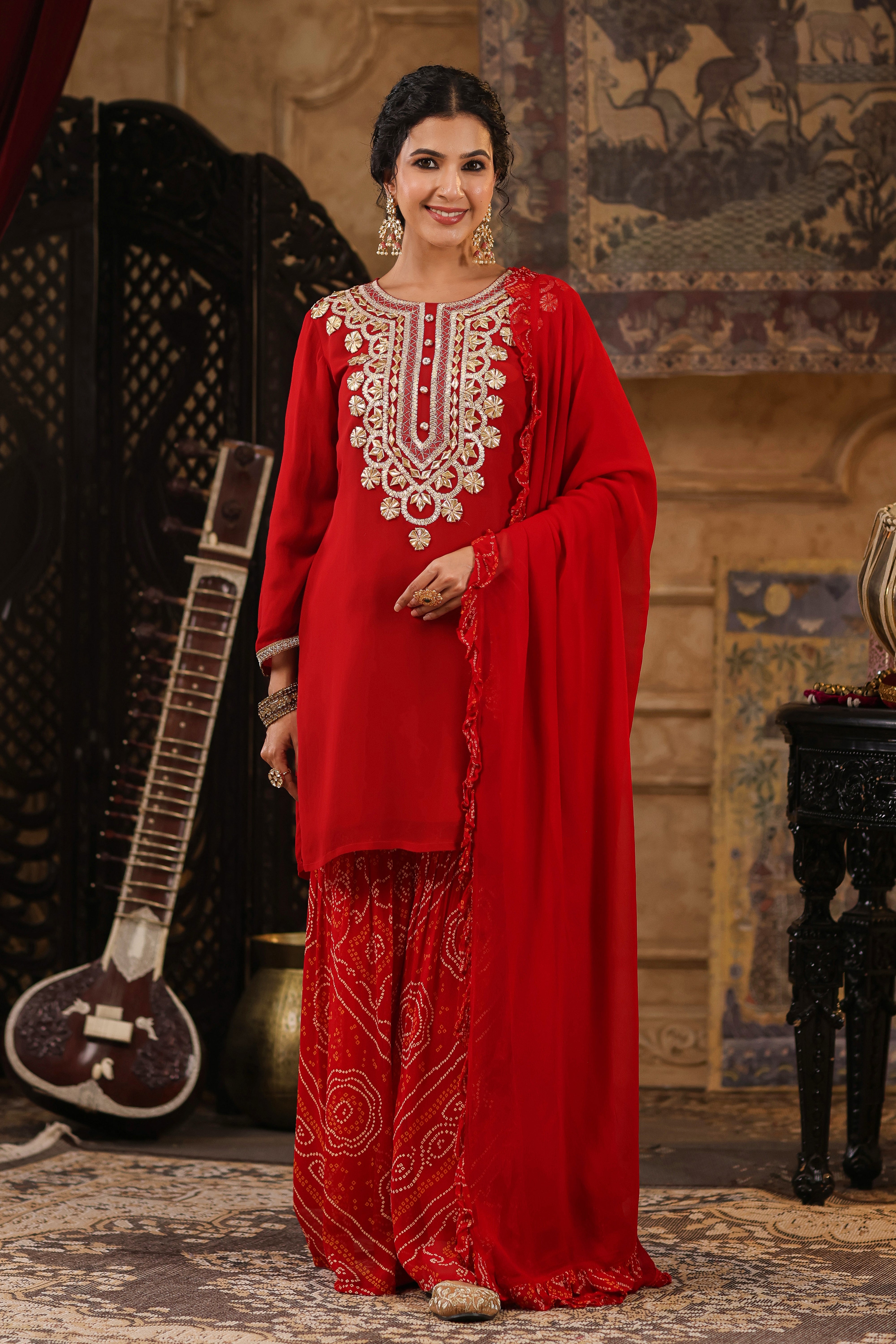 Red Georgette Solid-Bandhani Gota Work Sharara Set