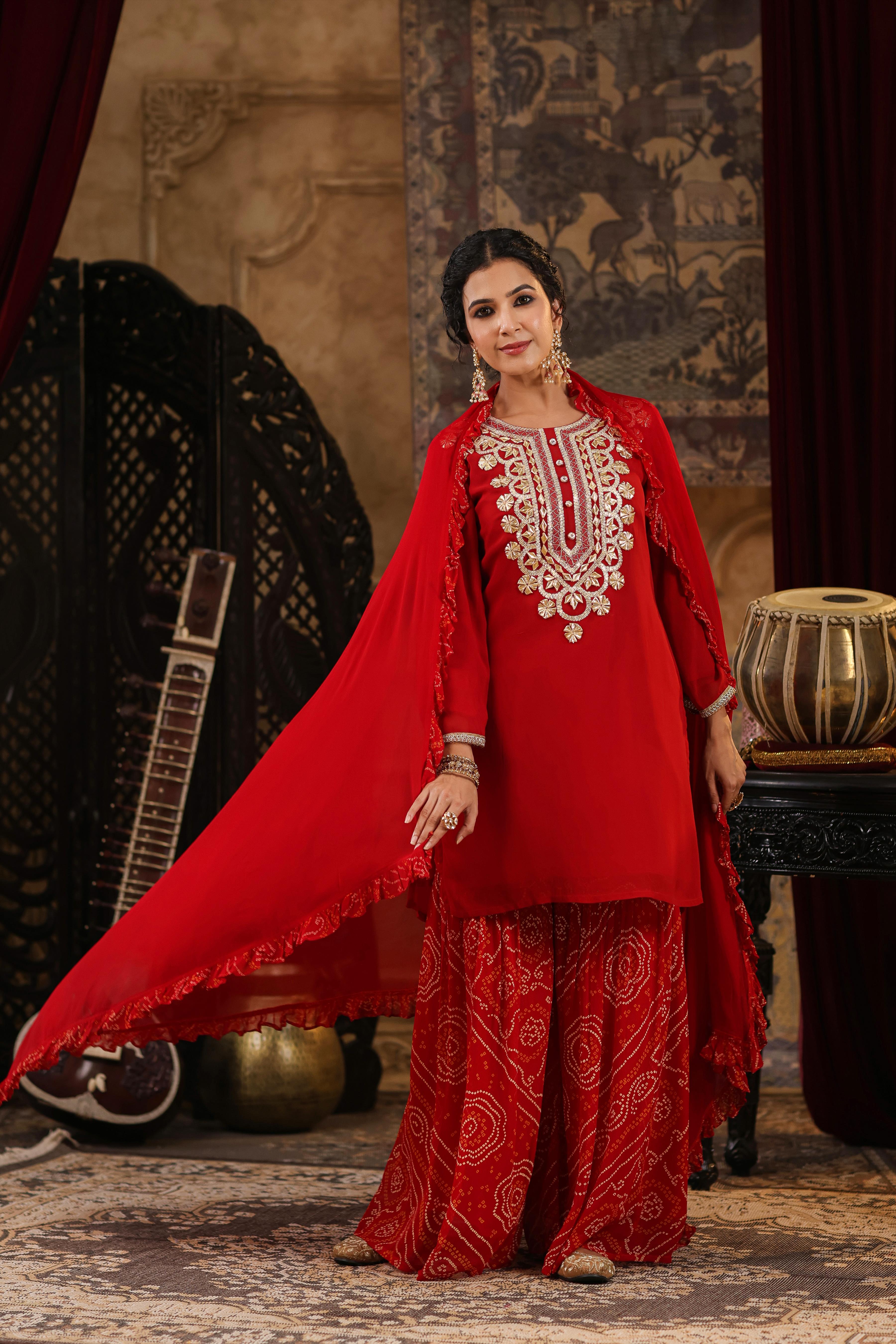 Red Georgette Solid-Bandhani Gota Work Sharara Set