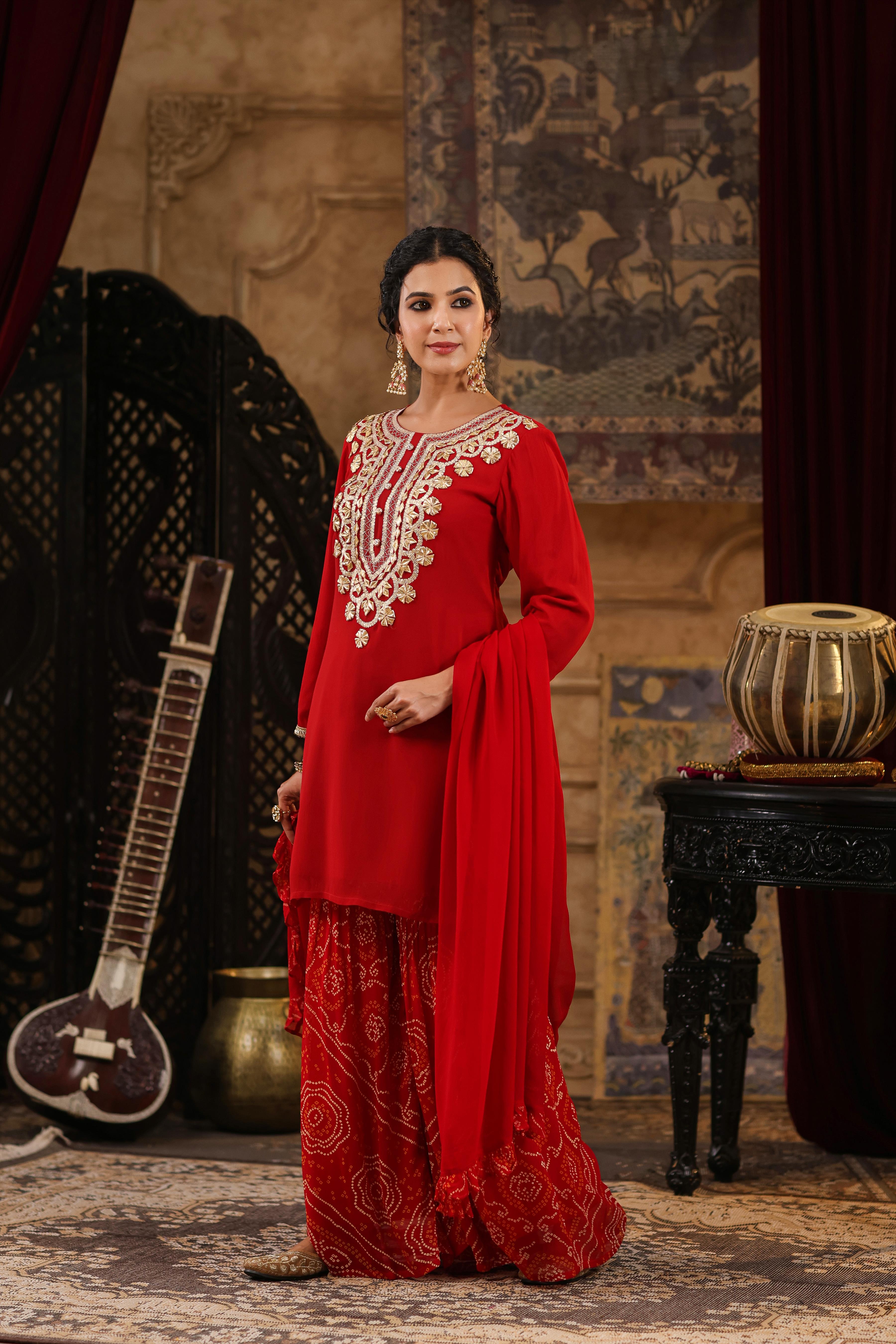 Red Georgette Solid-Bandhani Gota Work Sharara Set