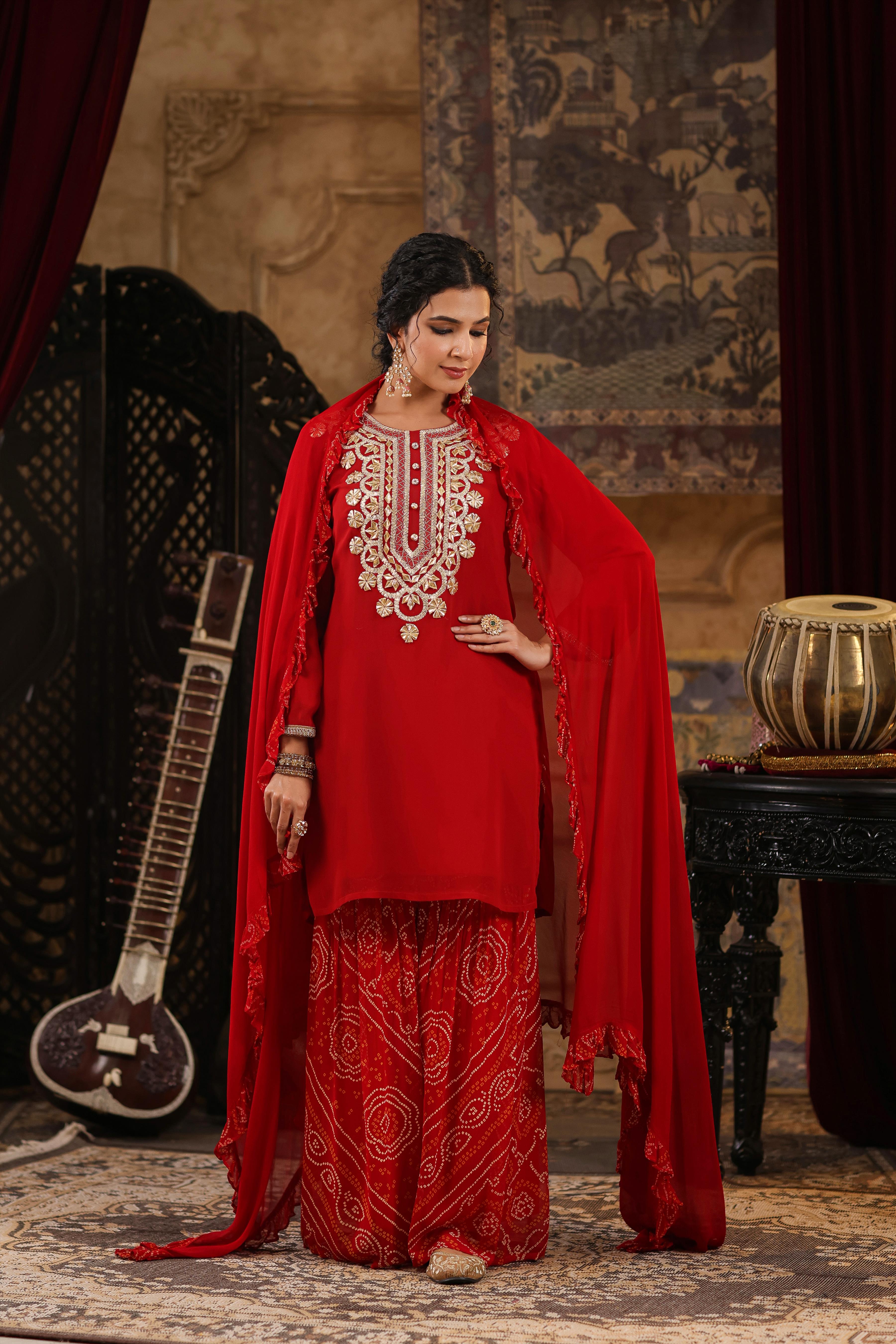 Red Georgette Solid-Bandhani Gota Work Sharara Set