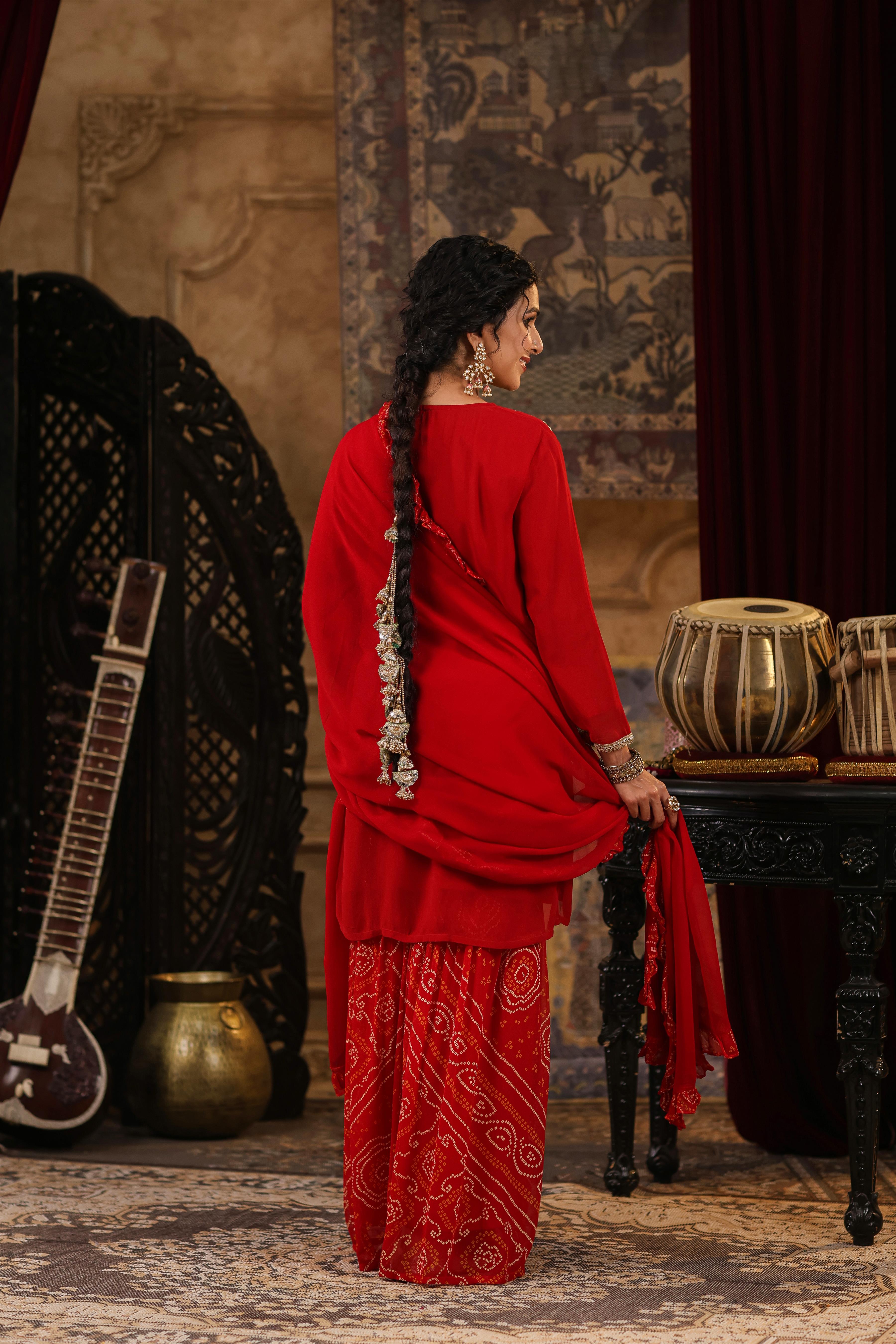 Red Georgette Solid-Bandhani Gota Work Sharara Set