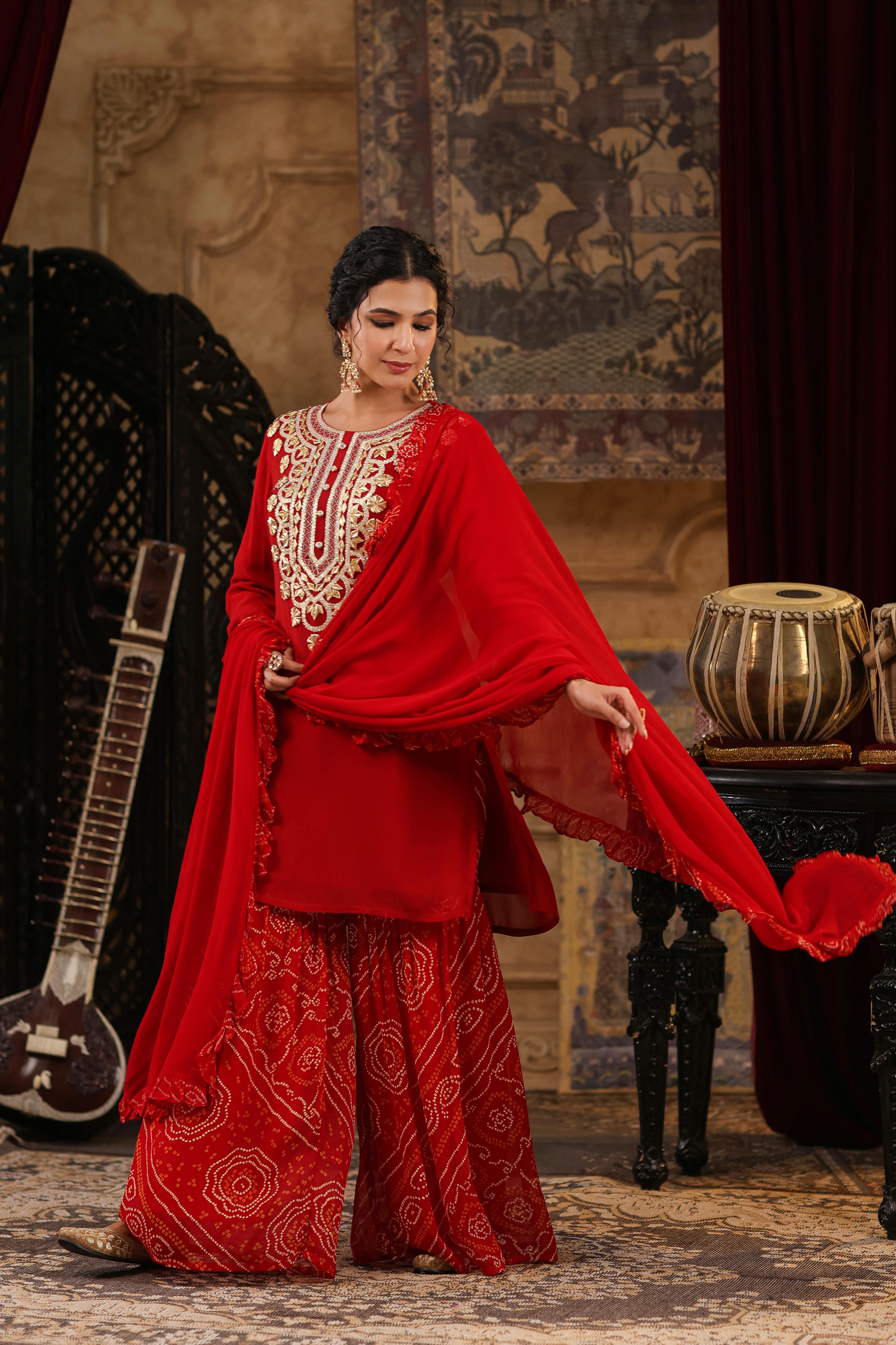 Red Georgette Solid-Bandhani Gota Work Sharara Set