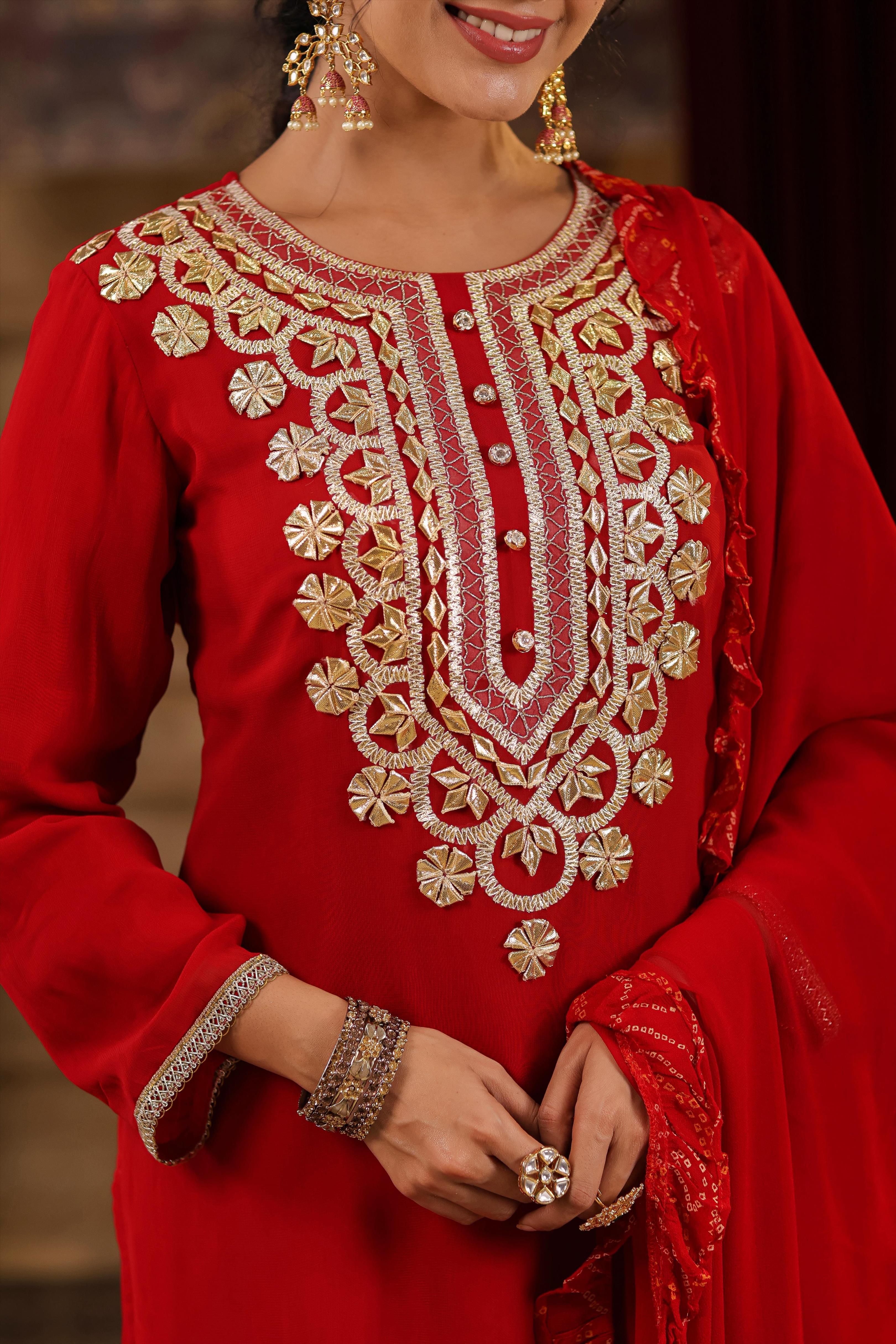 Red Georgette Solid-Bandhani Gota Work Sharara Set