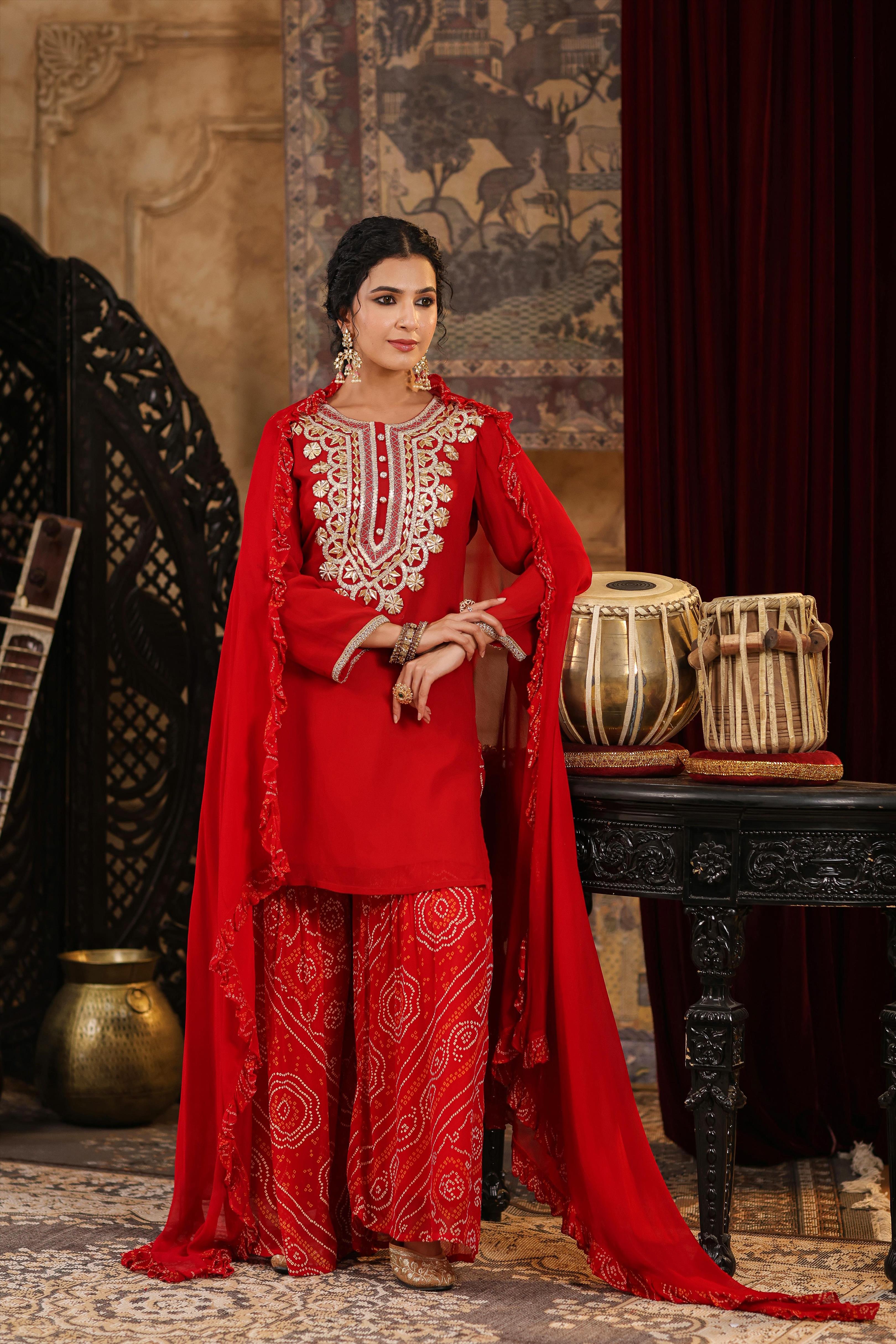 Red Georgette Solid-Bandhani Gota Work Sharara Set