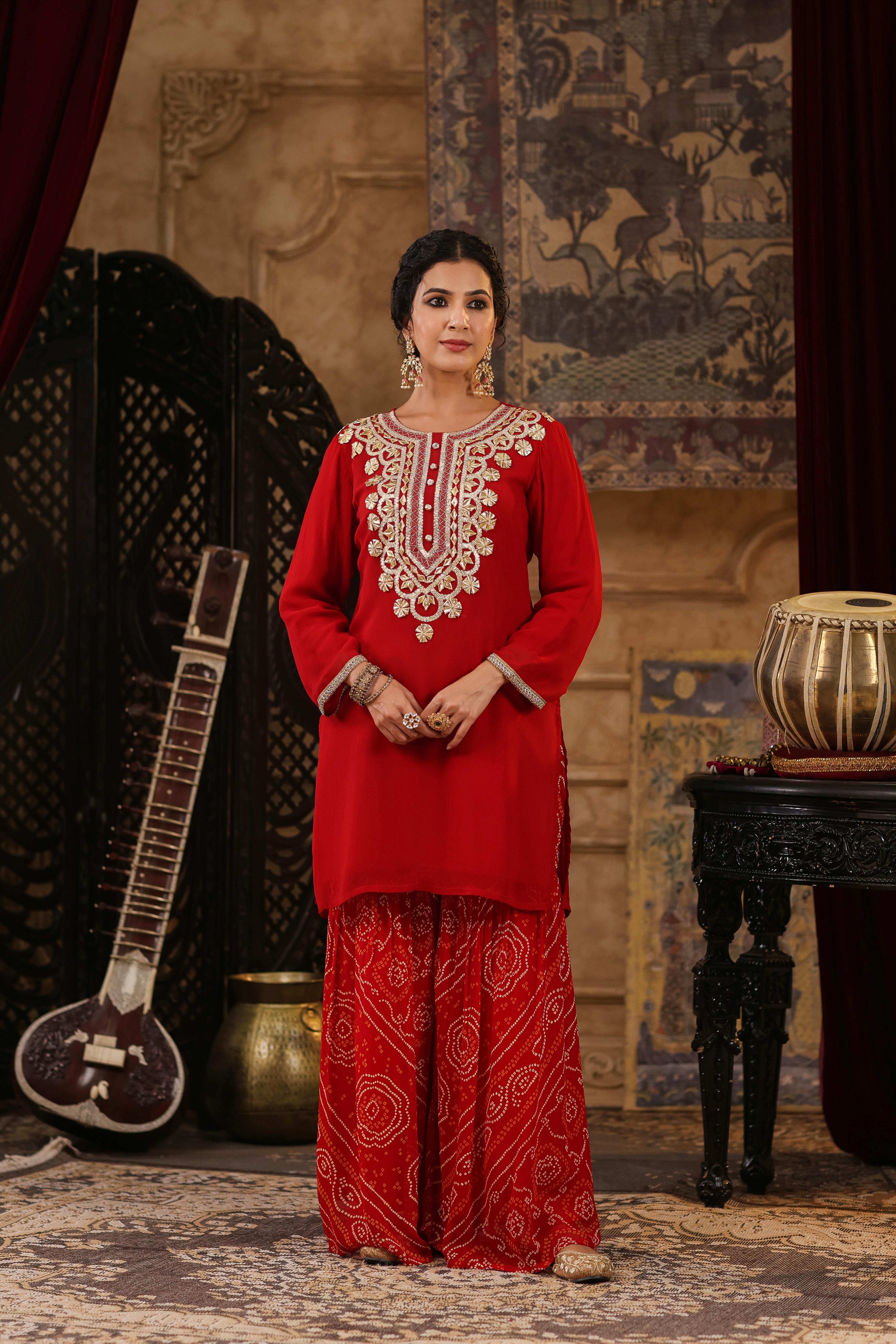 Red Georgette Solid-Bandhani Gota Work Sharara Set