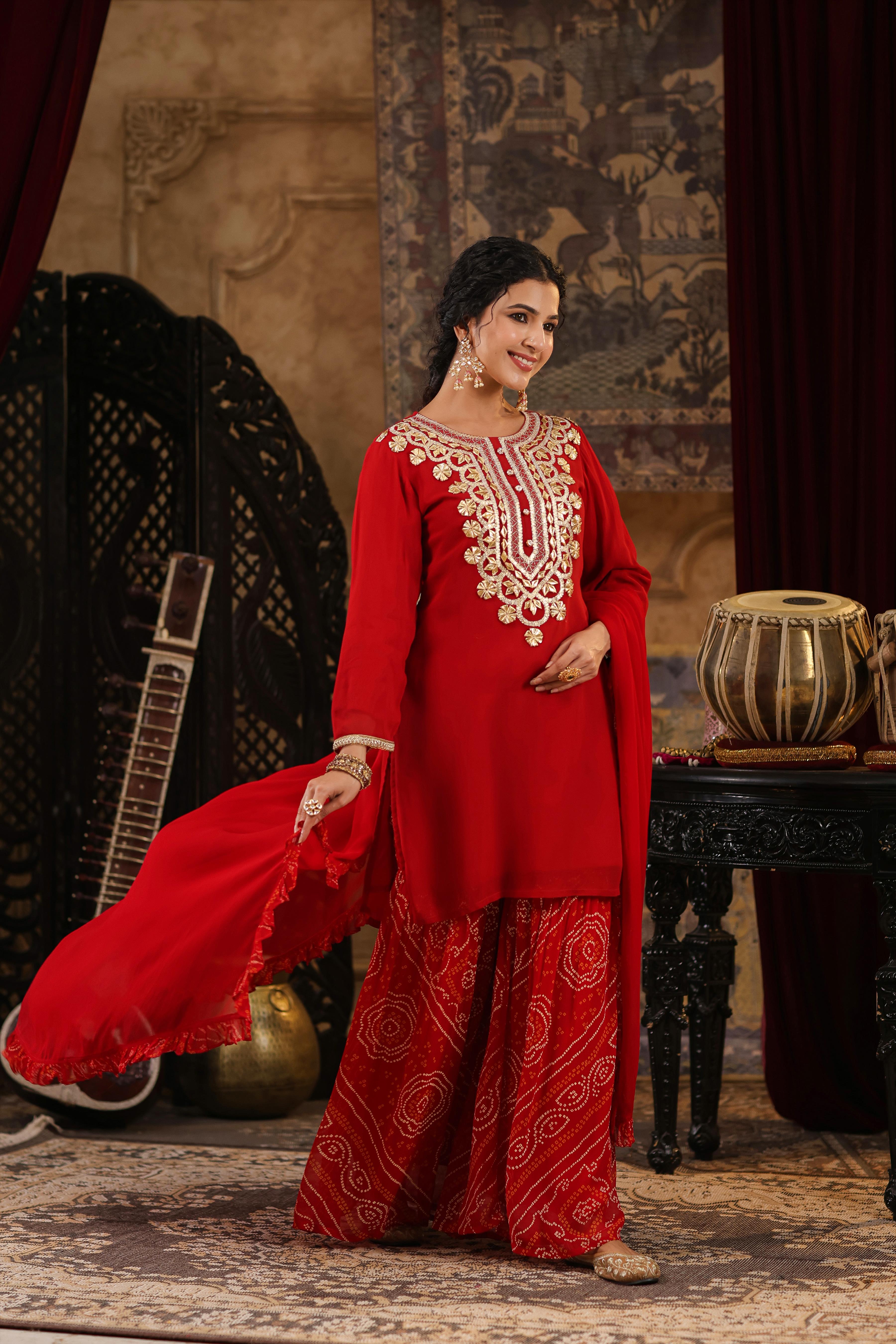 Red Georgette Solid-Bandhani Gota Work Sharara Set